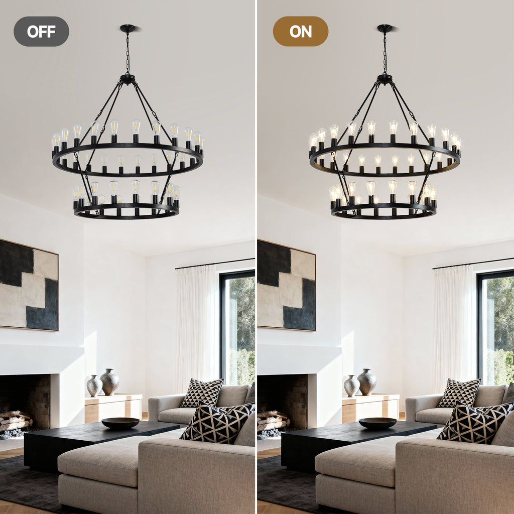 Jandcase 47.24" Large Farmhouse Wagon Wheel Chandelier, 36 Lights, Matte Black Metal, Adjustable Height, E26 Bulbs, Ideal for Living Rooms & Dining Areas