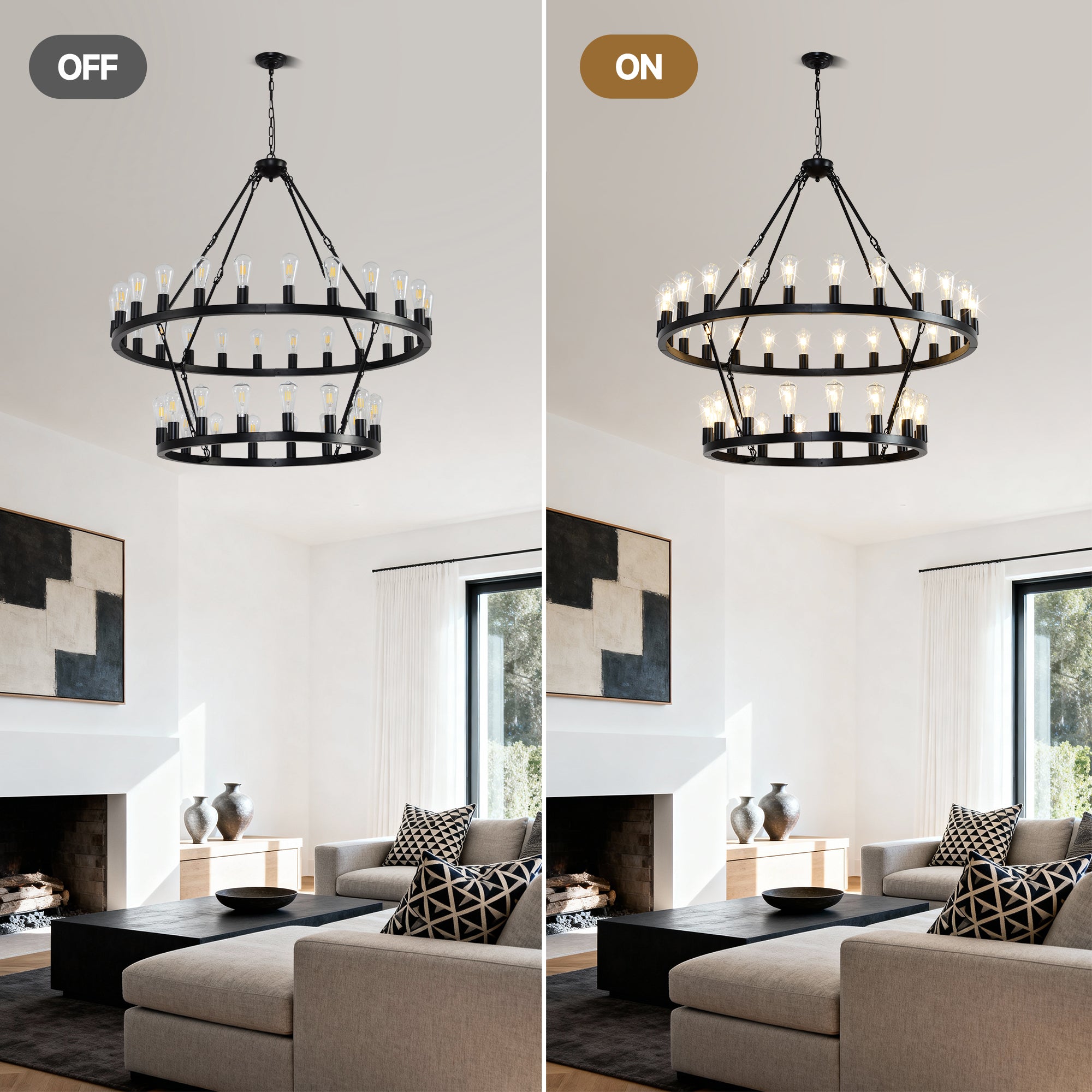 Jandcase 47.24" Large Farmhouse Wagon Wheel Chandelier, 36 Lights, Matte Black Metal, Adjustable Height, E26 Bulbs, Ideal for Living Rooms & Dining Areas