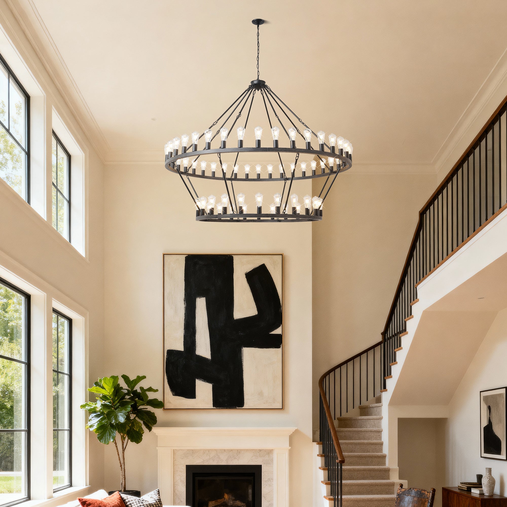 Jandcase 59.06in. Matte Black Wagon Wheel Chandelier 54-Light E12 Extra Large Farmhouse Industrial Light (No Bulbs)