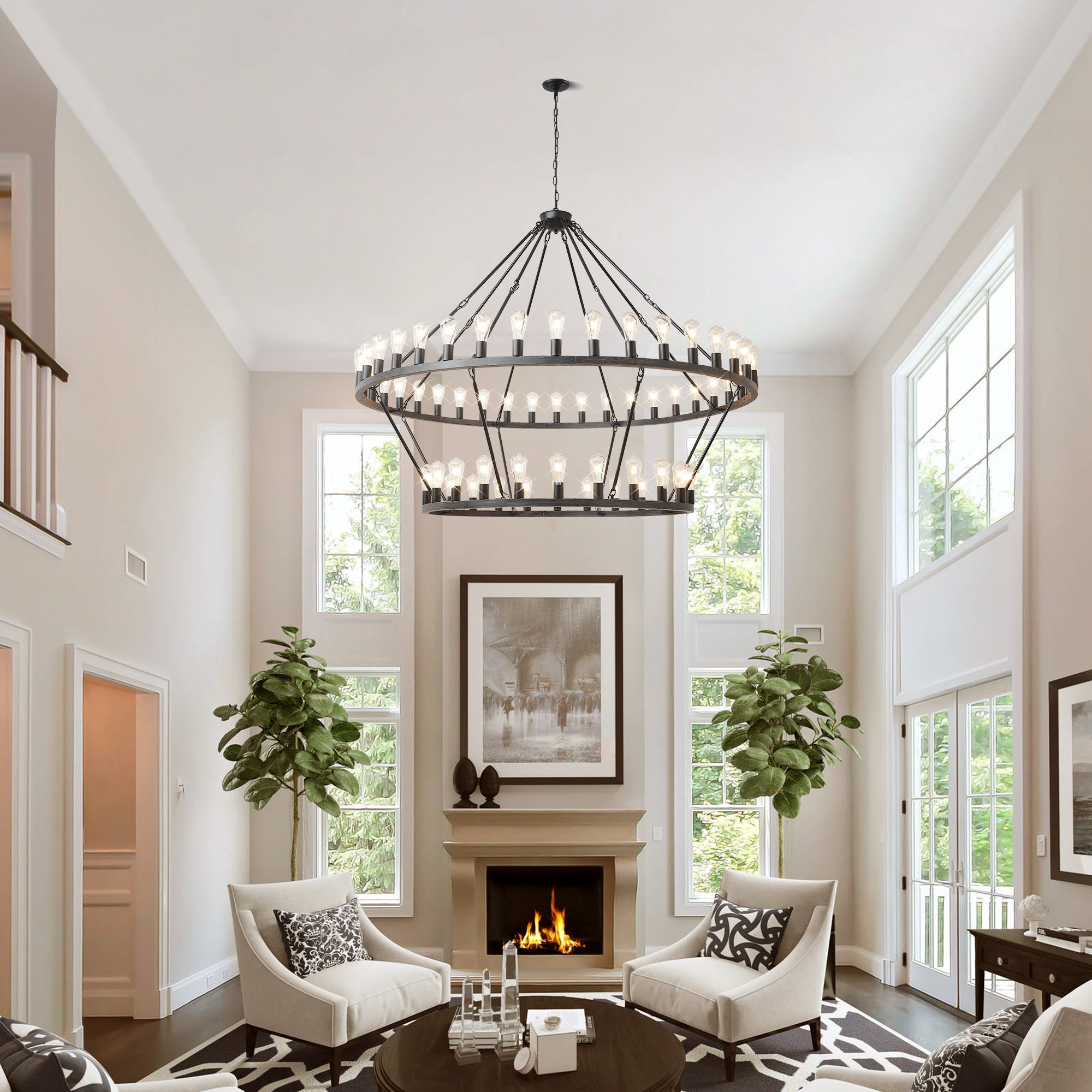 Jandcase 59.06in. Matte Black Wagon Wheel Chandelier 54-Light E12 Extra Large Farmhouse Industrial Light (No Bulbs)