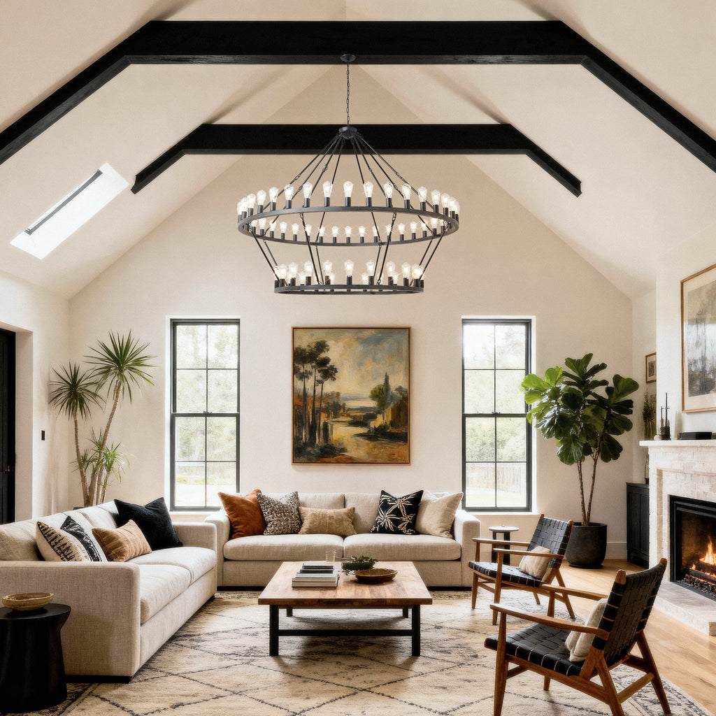 Jandcase 59.06in. Matte Black Wagon Wheel Chandelier 54-Light E12 Extra Large Farmhouse Industrial Light (No Bulbs)
