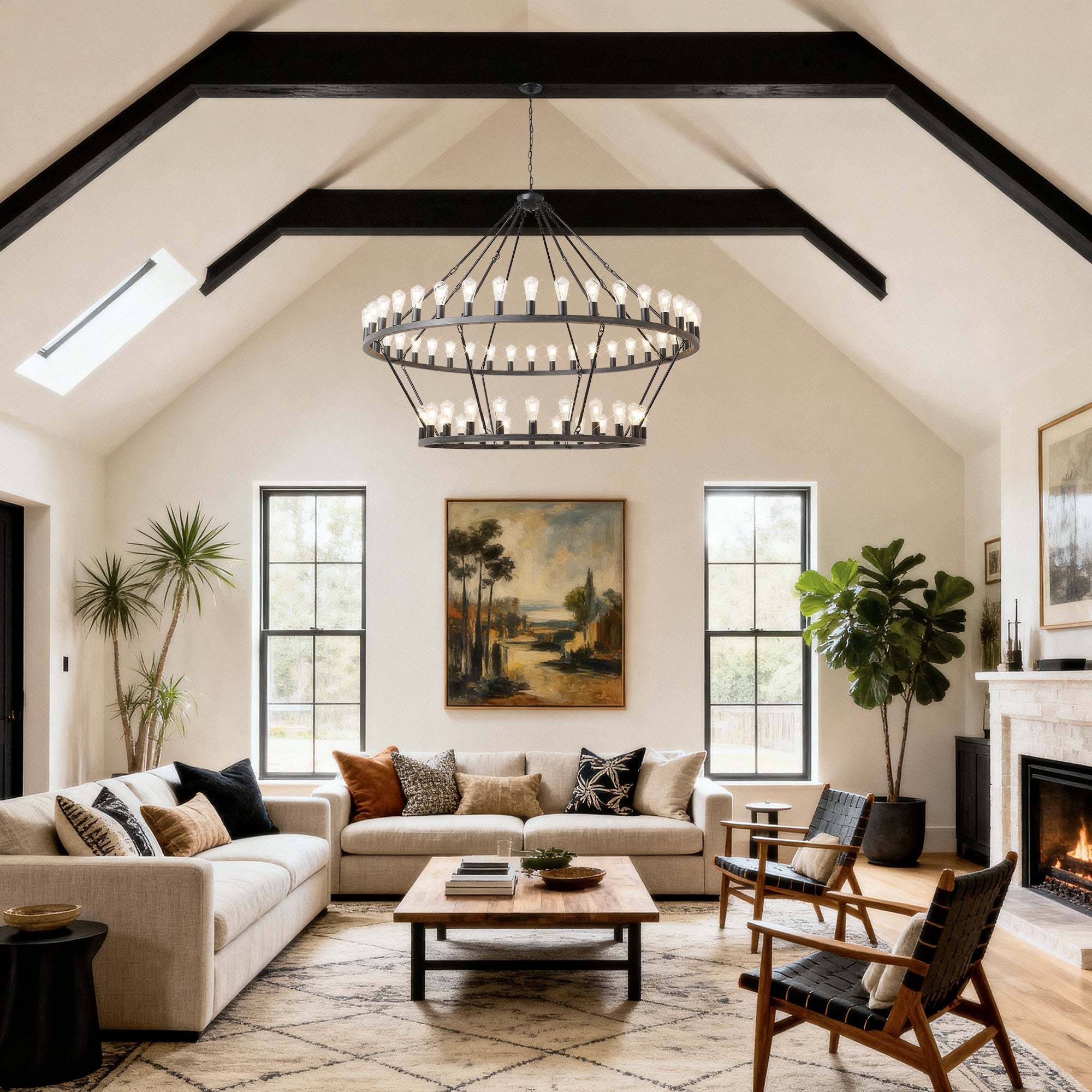 Jandcase 59.06in. Matte Black Wagon Wheel Chandelier 54-Light E12 Extra Large Farmhouse Industrial Light (No Bulbs)
