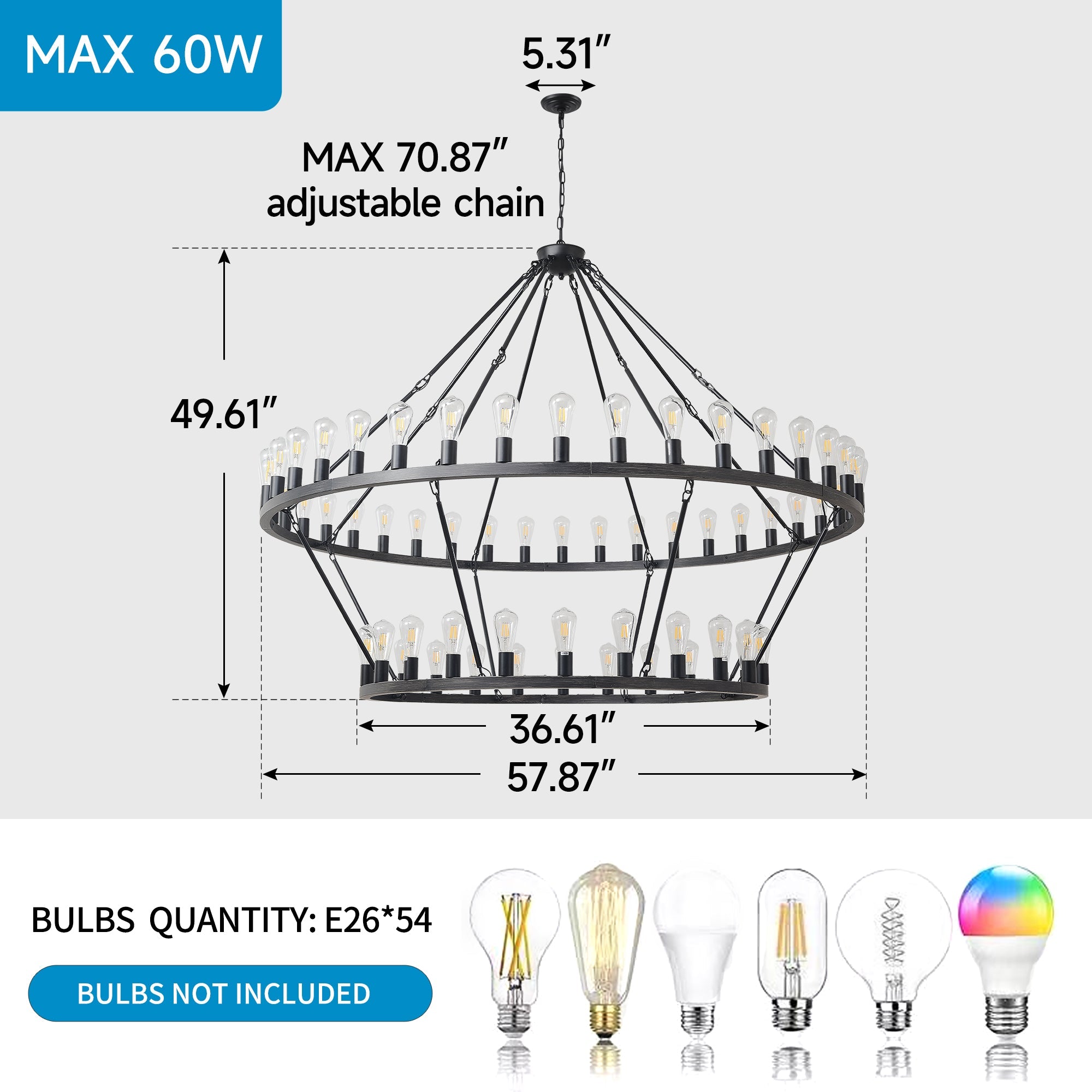 Jandcase 59.06in. Matte Black Wagon Wheel Chandelier 54-Light E12 Extra Large Farmhouse Industrial Light (No Bulbs)