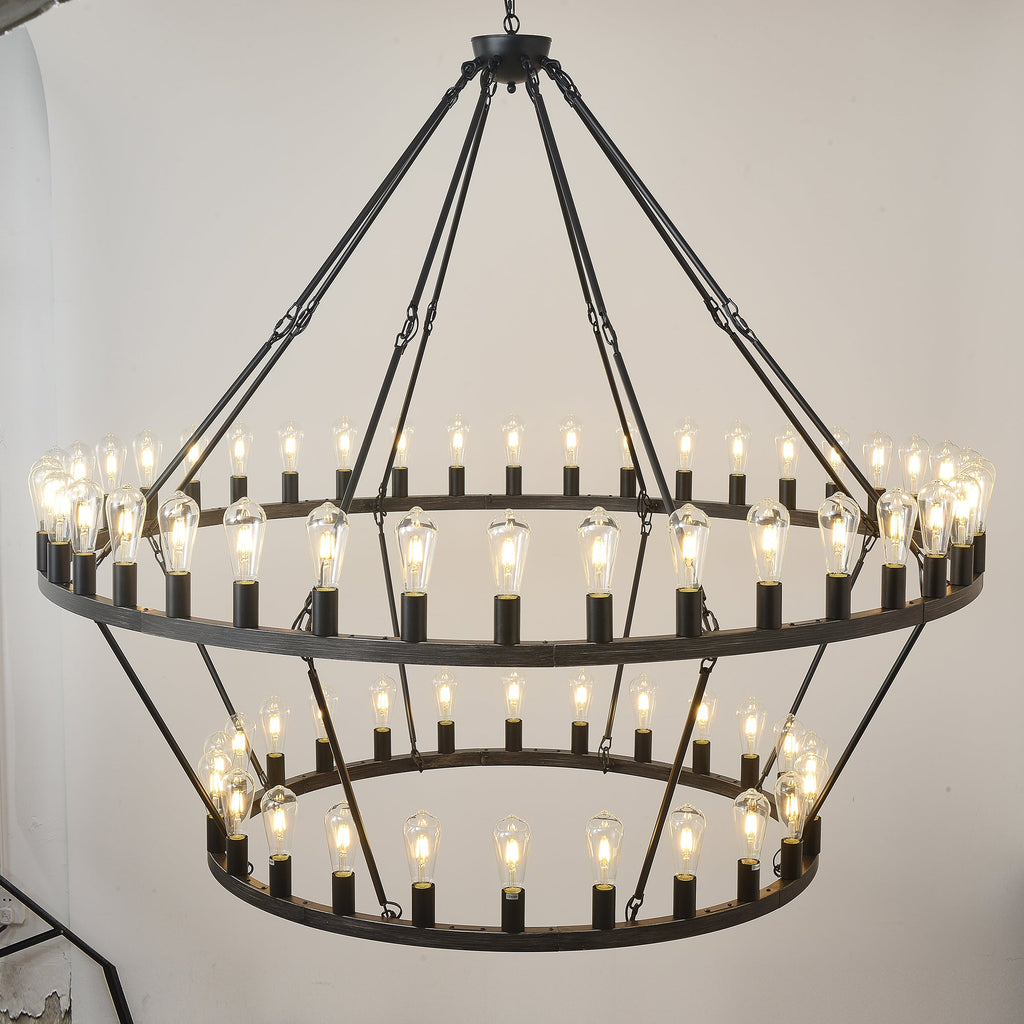 Jandcase 59.06in. Matte Black Wagon Wheel Chandelier 54-Light E12 Extra Large Farmhouse Industrial Light (No Bulbs)