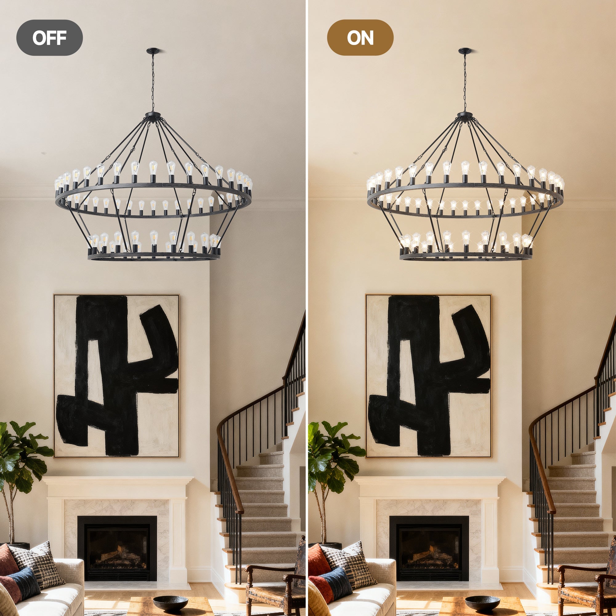 Jandcase 59.06in. Matte Black Wagon Wheel Chandelier 54-Light E12 Extra Large Farmhouse Industrial Light (No Bulbs)