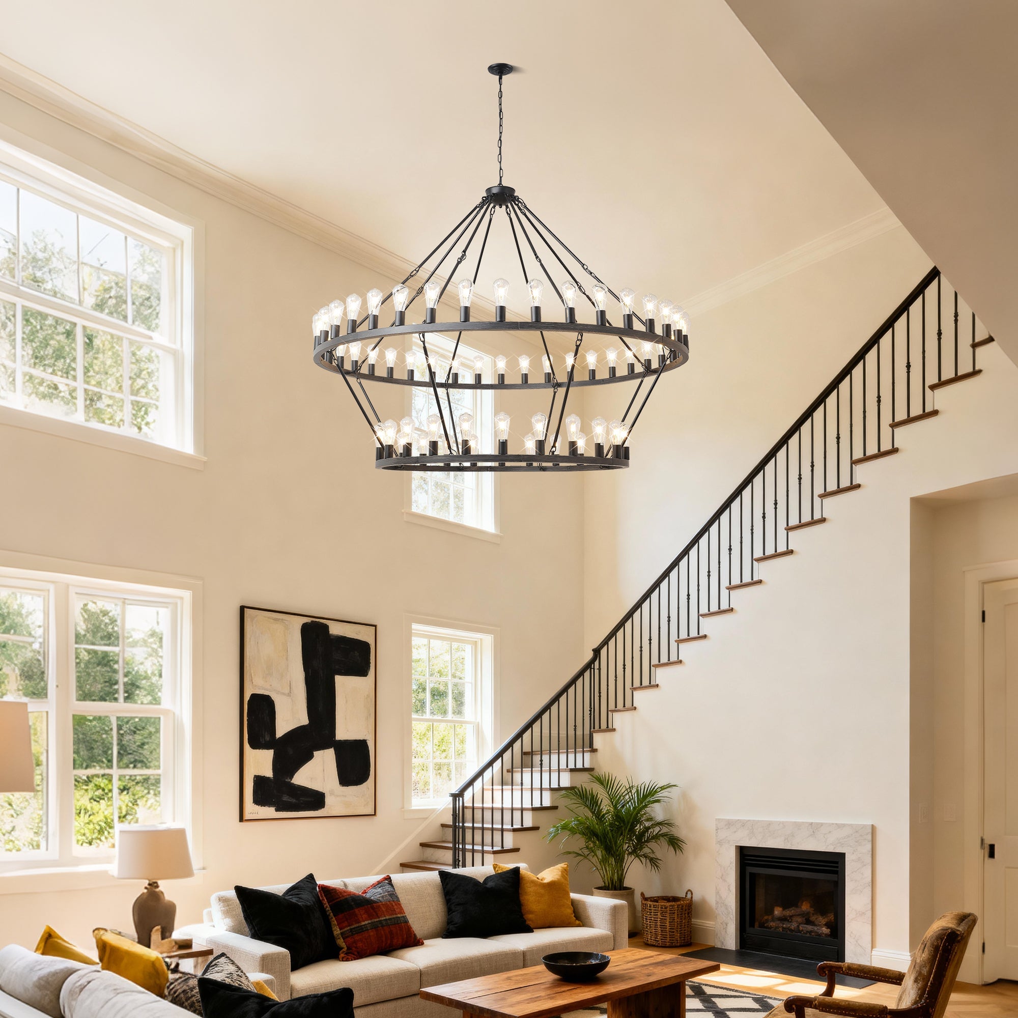 Jandcase 59.06in. Matte Black Wagon Wheel Chandelier 54-Light E12 Extra Large Farmhouse Industrial Light (No Bulbs)