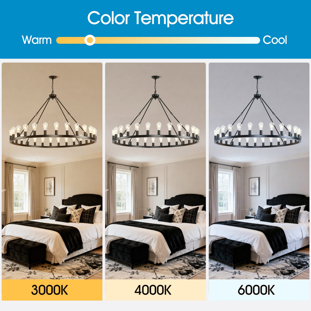 Jandcase 53" Farmhouse Wagon Wheel Chandelier, 28-Light Matte Black Ceiling Light, Adjustable Height, E26 Bulbs, Dining Room Fixture