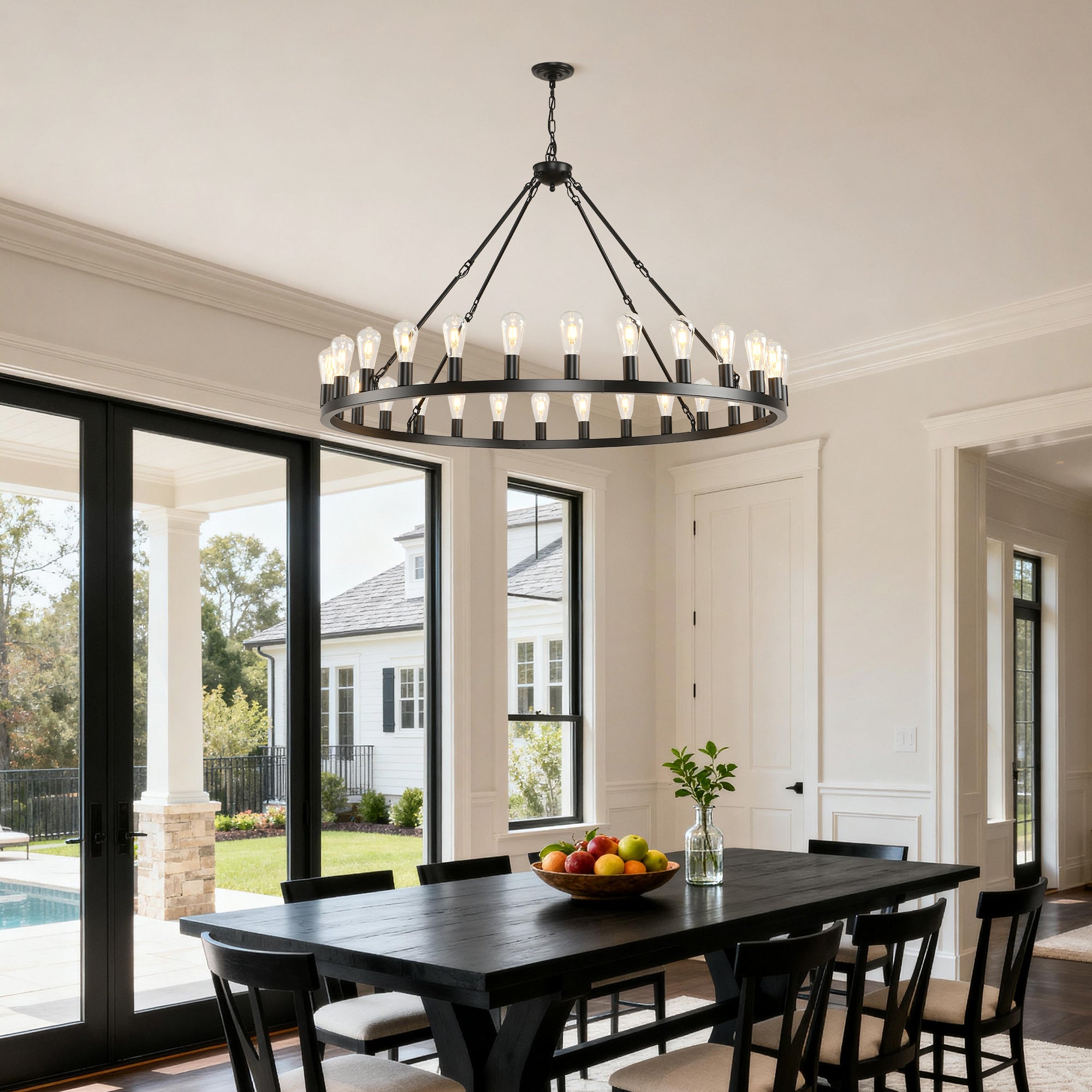 Jandcase 53" Farmhouse Wagon Wheel Chandelier, 28-Light Matte Black Ceiling Light, Adjustable Height, E26 Bulbs, Dining Room Fixture