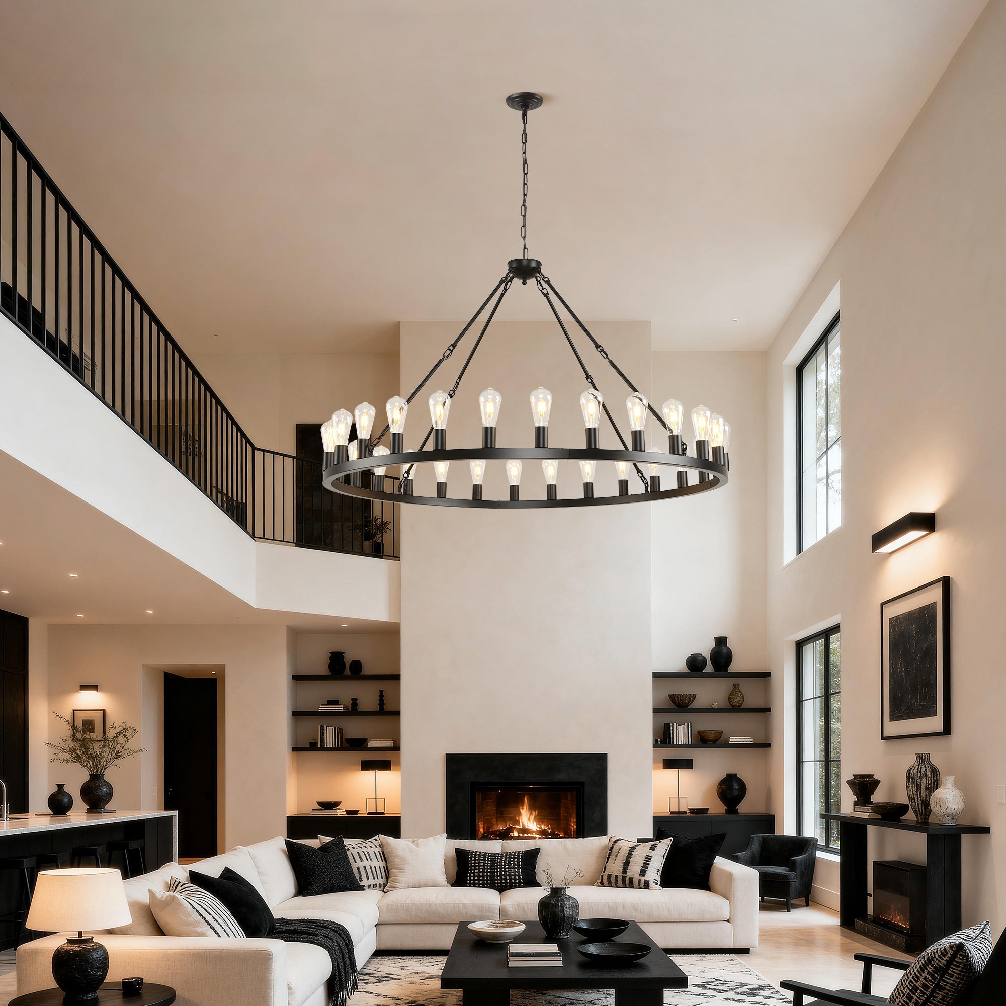 Jandcase 53" Farmhouse Wagon Wheel Chandelier, 28-Light Matte Black Ceiling Light, Adjustable Height, E26 Bulbs, Dining Room Fixture