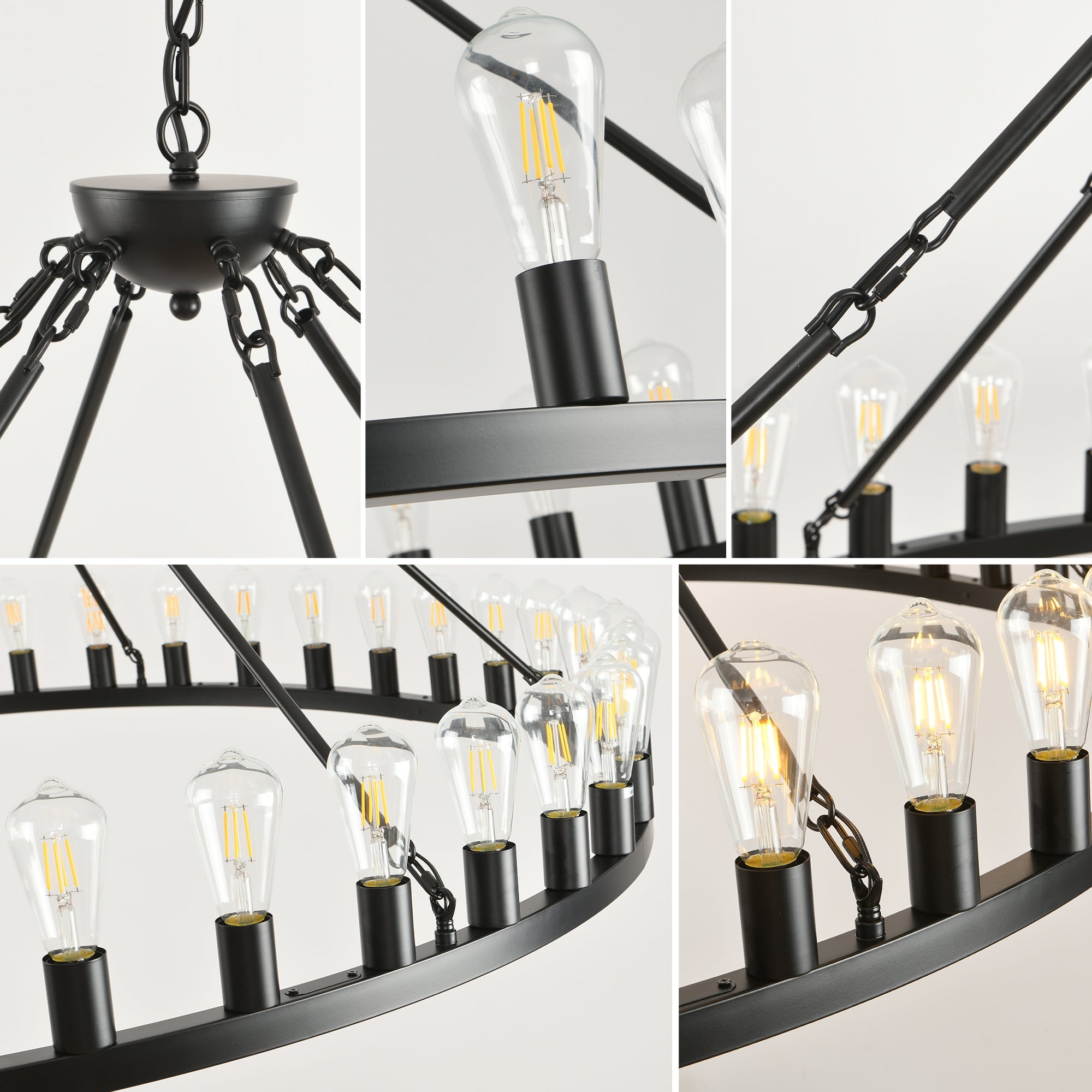 Jandcase 53" Farmhouse Wagon Wheel Chandelier, 28-Light Matte Black Ceiling Light, Adjustable Height, E26 Bulbs, Dining Room Fixture