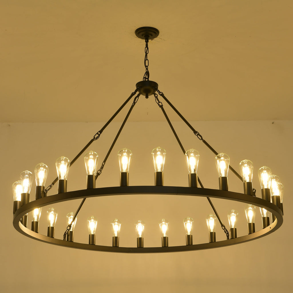 Jandcase 53" Farmhouse Wagon Wheel Chandelier, 28-Light Matte Black Ceiling Light, Adjustable Height, E26 Bulbs, Dining Room Fixture