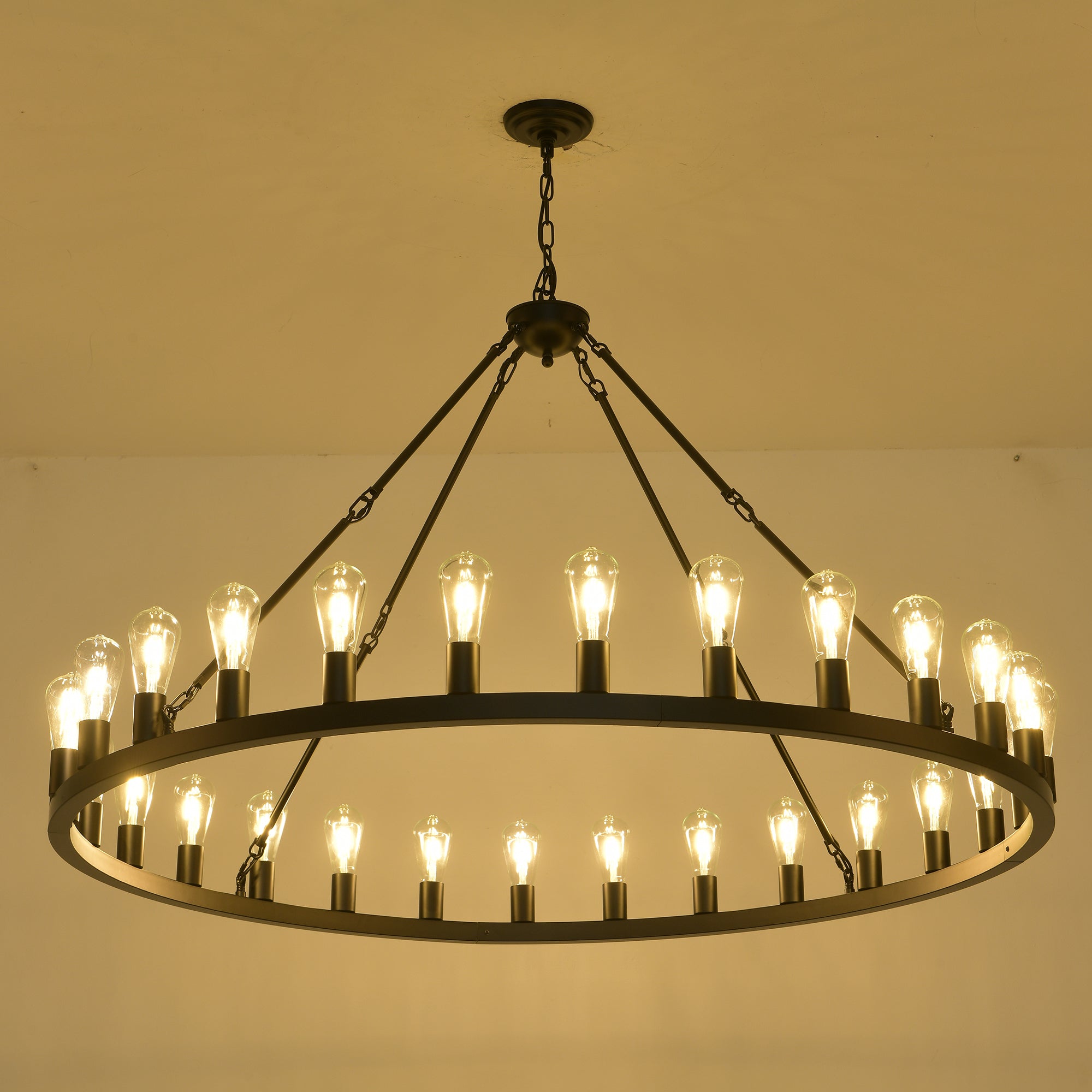 Jandcase 53" Farmhouse Wagon Wheel Chandelier, 28-Light Matte Black Ceiling Light, Adjustable Height, E26 Bulbs, Dining Room Fixture