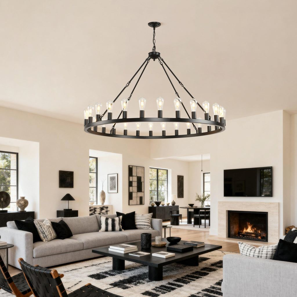 Jandcase 53" Farmhouse Wagon Wheel Chandelier, 28-Light Matte Black Ceiling Light, Adjustable Height, E26 Bulbs, Dining Room Fixture