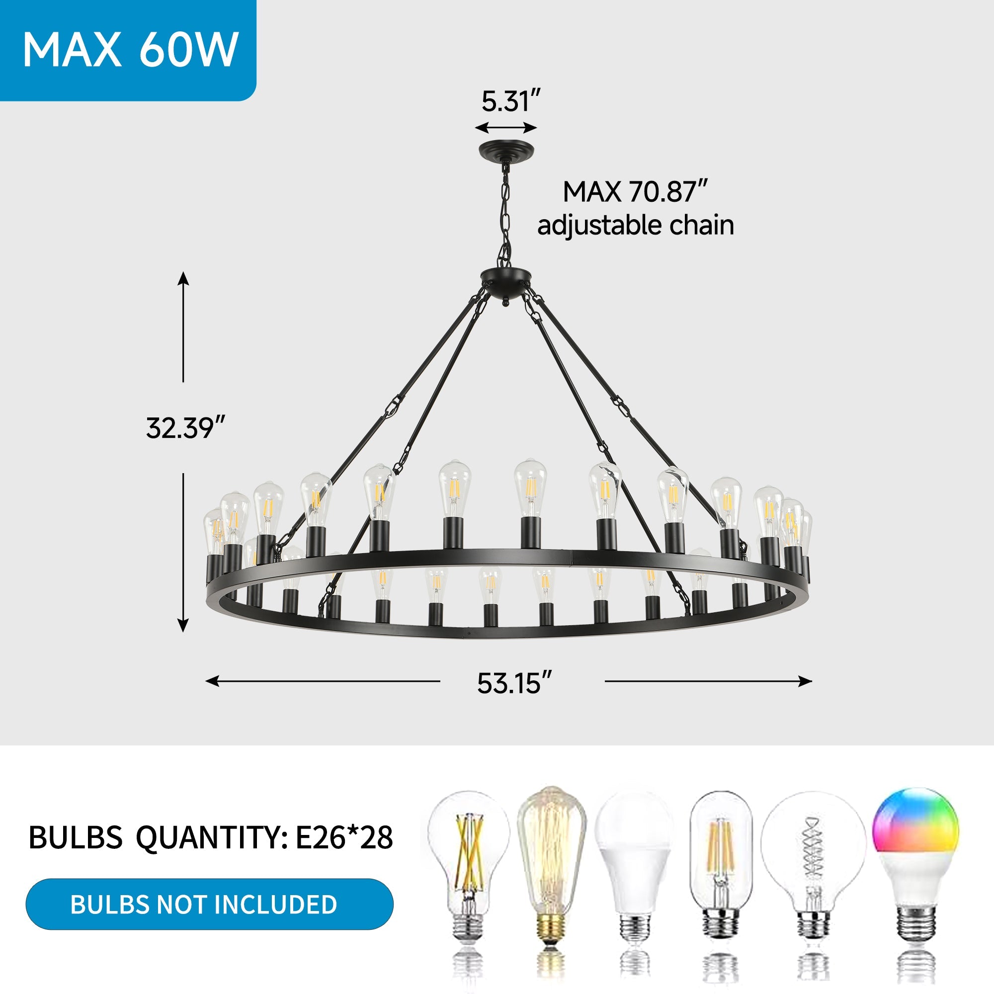 Jandcase 53" Farmhouse Wagon Wheel Chandelier, 28-Light Matte Black Ceiling Light, Adjustable Height, E26 Bulbs, Dining Room Fixture