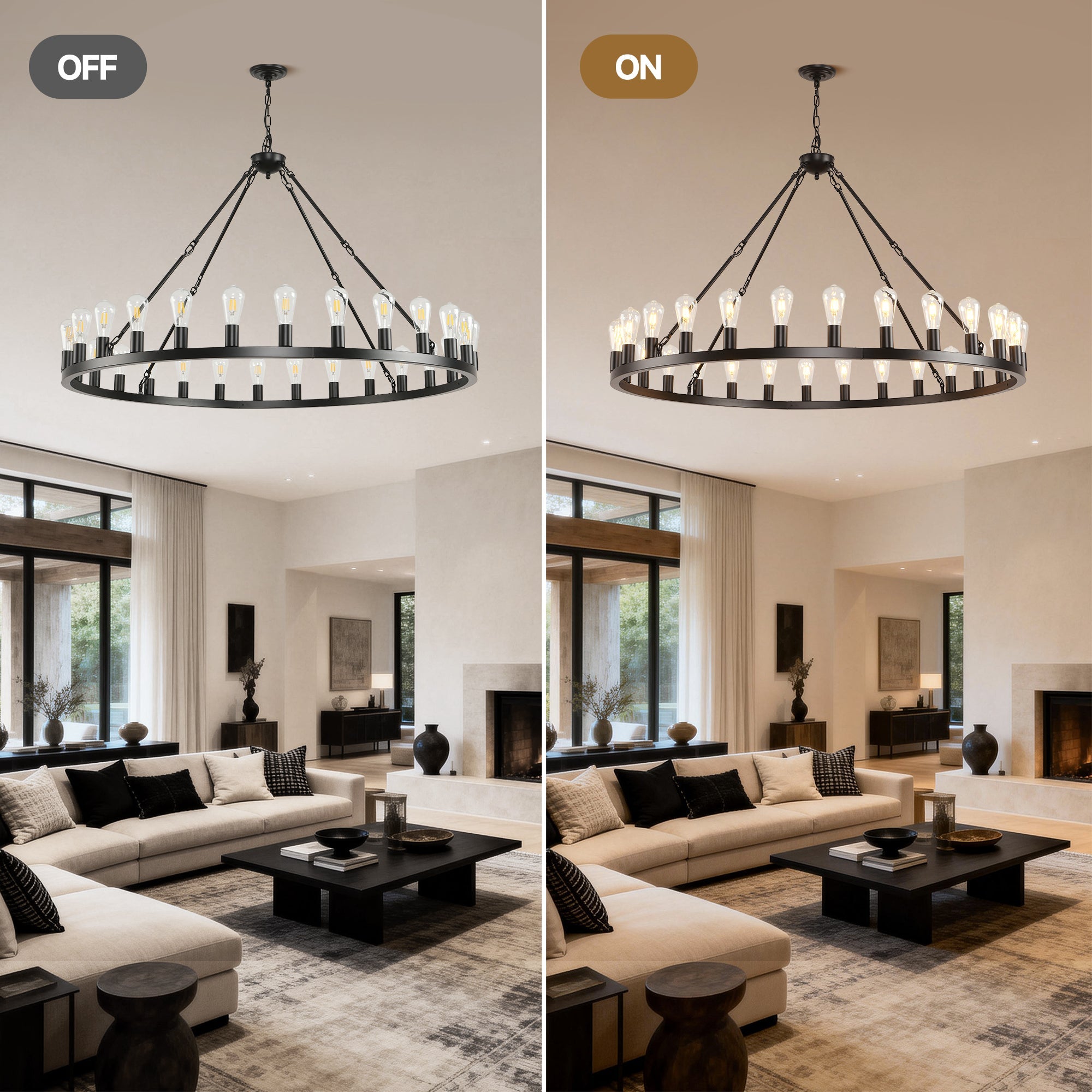 Jandcase 53" Farmhouse Wagon Wheel Chandelier, 28-Light Matte Black Ceiling Light, Adjustable Height, E26 Bulbs, Dining Room Fixture