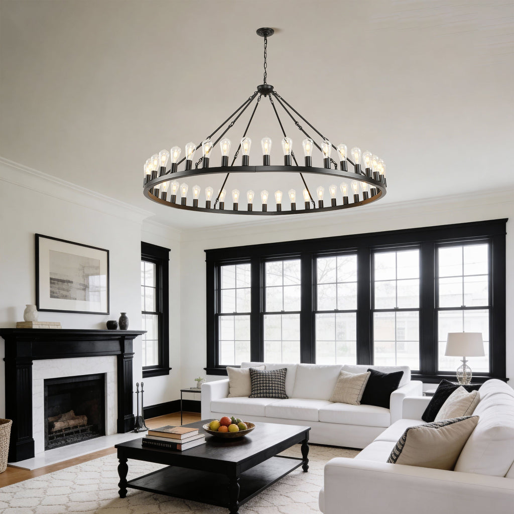 Jandcase 64in. Black Extra Large Wagon Wheel Chandelier 42-Light E26 Farmhouse Industrial Pendant for High Ceiling Dining Room Living Room