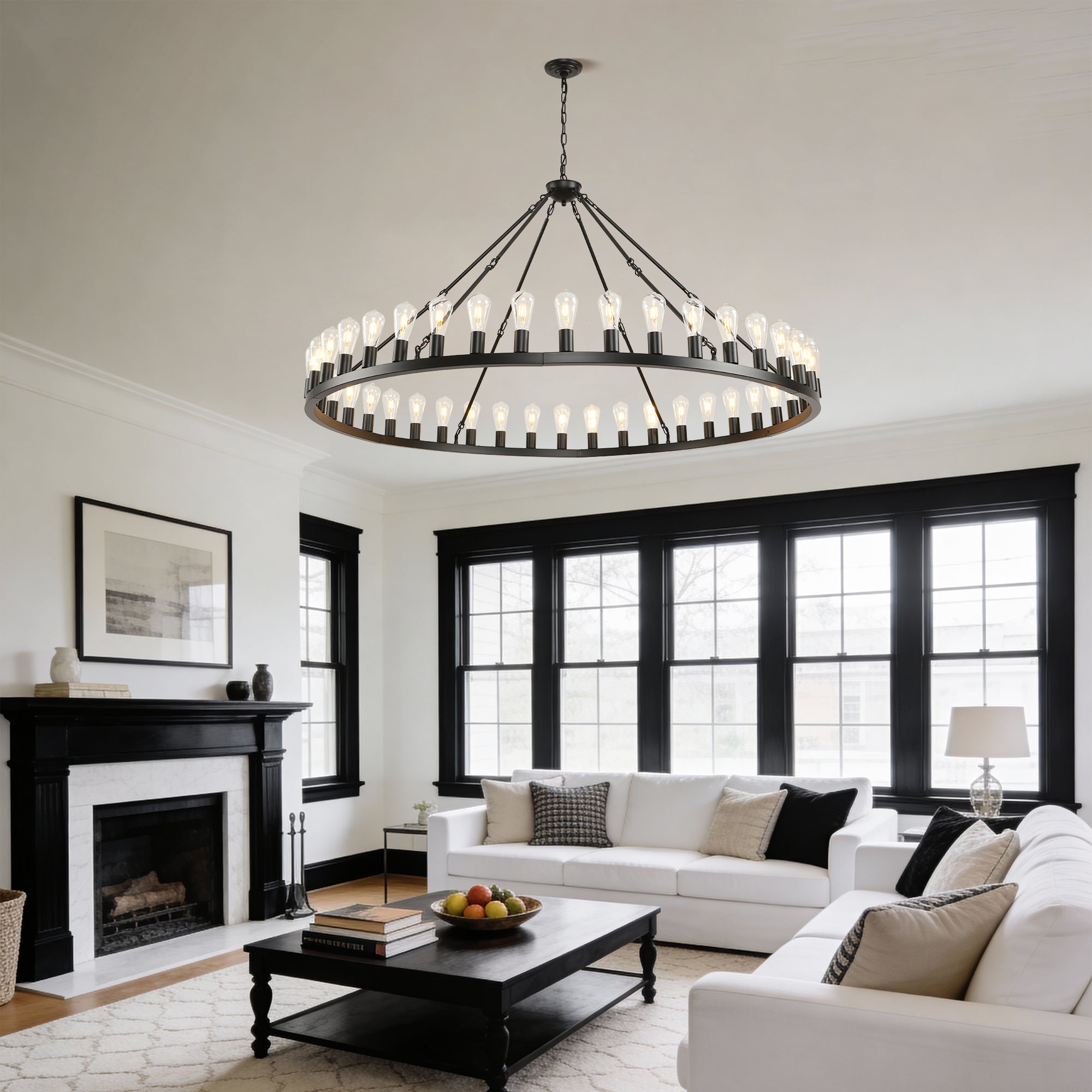 Jandcase 64in. Black Extra Large Wagon Wheel Chandelier 42-Light E26 Farmhouse Industrial Pendant for High Ceiling Dining Room Living Room