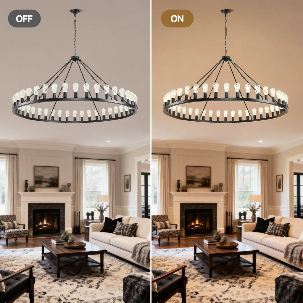 Jandcase 64in. Black Extra Large Wagon Wheel Chandelier 42-Light E26 Farmhouse Industrial Pendant for High Ceiling Dining Room Living Room