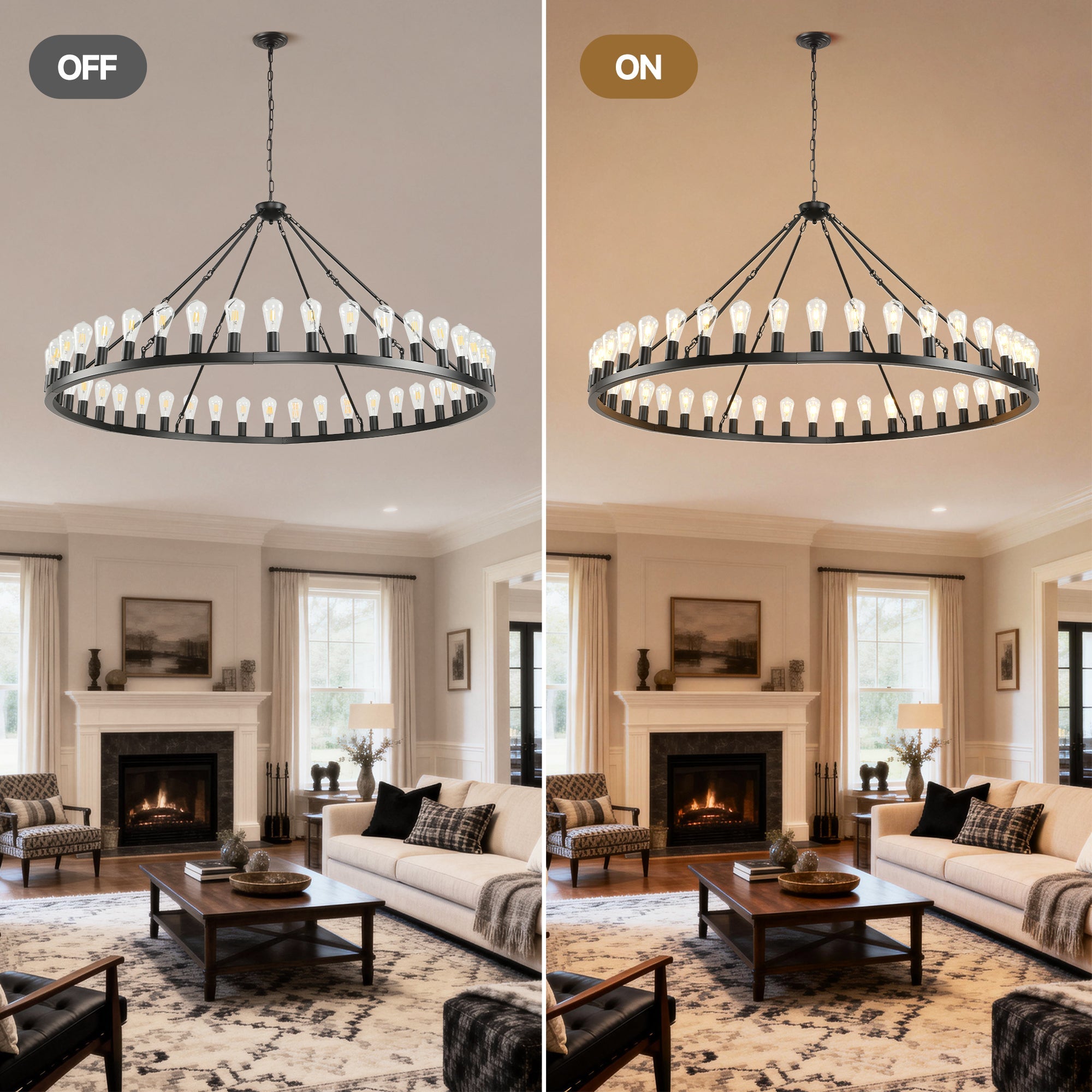 Jandcase 64in. Black Extra Large Wagon Wheel Chandelier 42-Light E26 Farmhouse Industrial Pendant for High Ceiling Dining Room Living Room