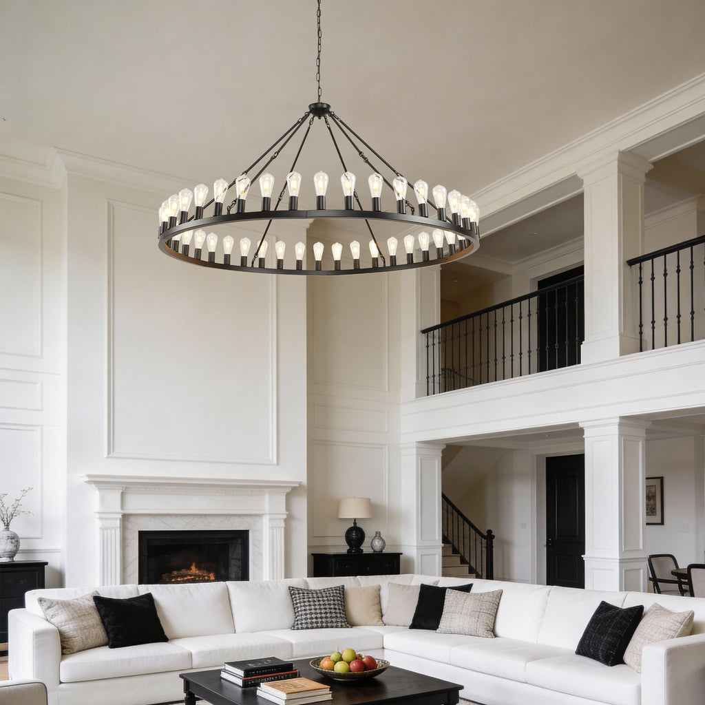 Jandcase 64in. Black Extra Large Wagon Wheel Chandelier 42-Light E26 Farmhouse Industrial Pendant for High Ceiling Dining Room Living Room