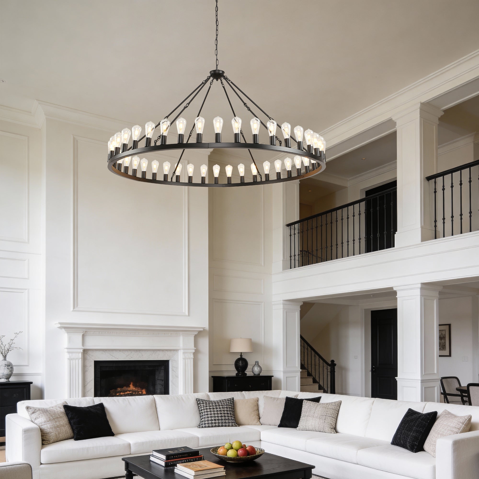 Jandcase 64in. Black Extra Large Wagon Wheel Chandelier 42-Light E26 Farmhouse Industrial Pendant for High Ceiling Dining Room Living Room