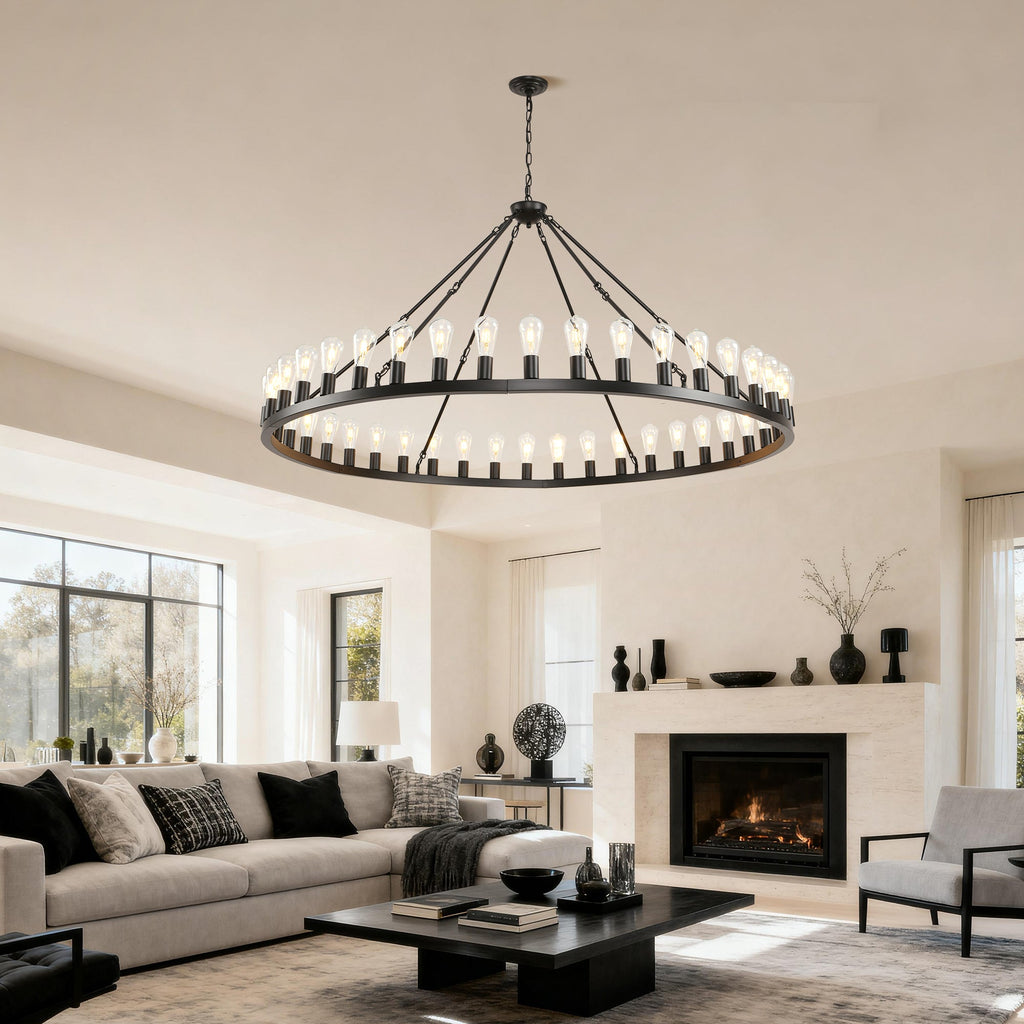 Jandcase 64in. Black Extra Large Wagon Wheel Chandelier 42-Light E26 Farmhouse Industrial Pendant for High Ceiling Dining Room Living Room