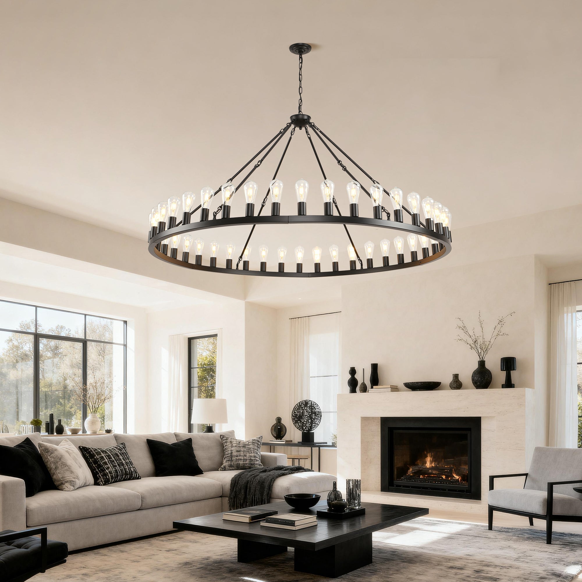 Jandcase 64in. Black Extra Large Wagon Wheel Chandelier 42-Light E26 Farmhouse Industrial Pendant for High Ceiling Dining Room Living Room