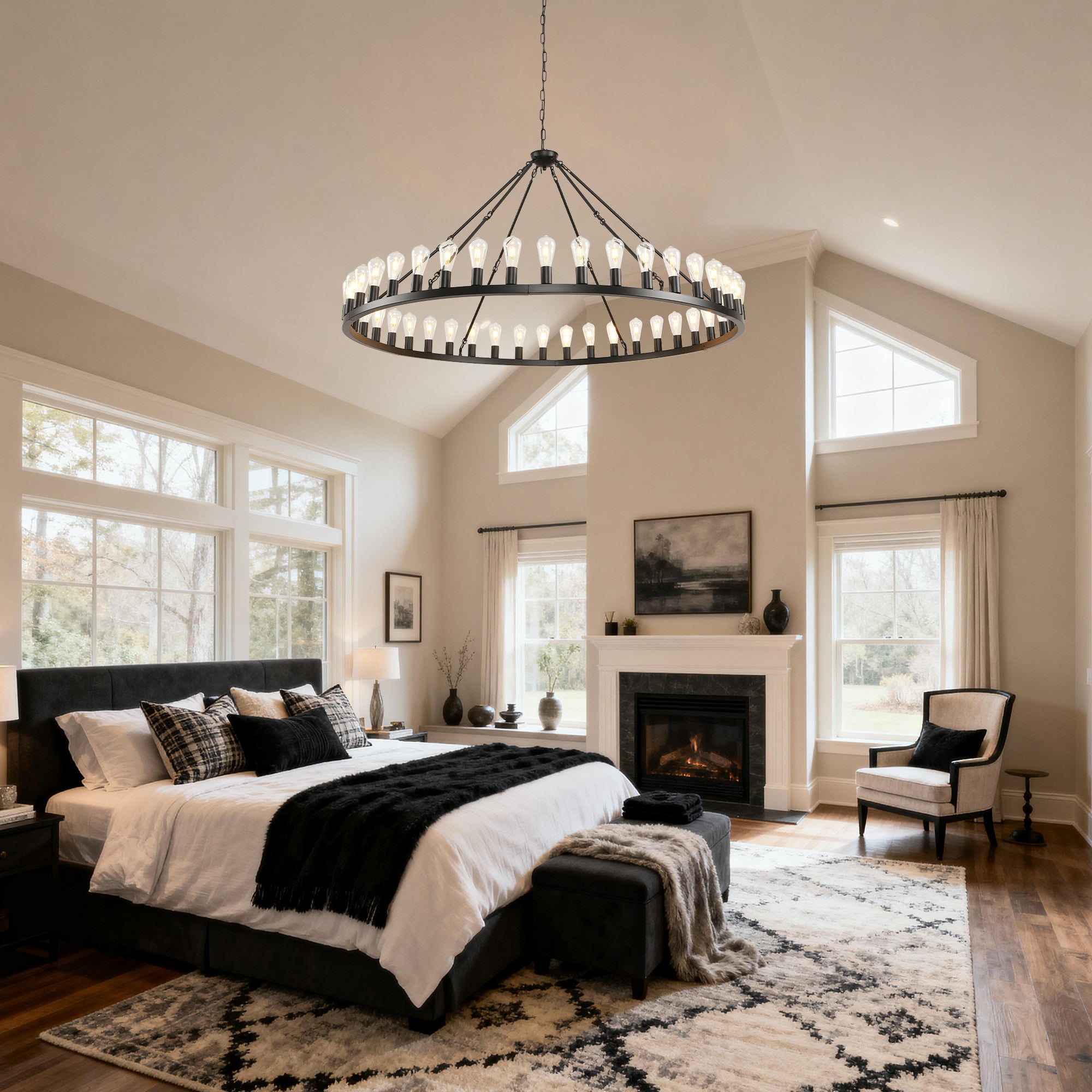 Jandcase 64in. Black Extra Large Wagon Wheel Chandelier 42-Light E26 Farmhouse Industrial Pendant for High Ceiling Dining Room Living Room