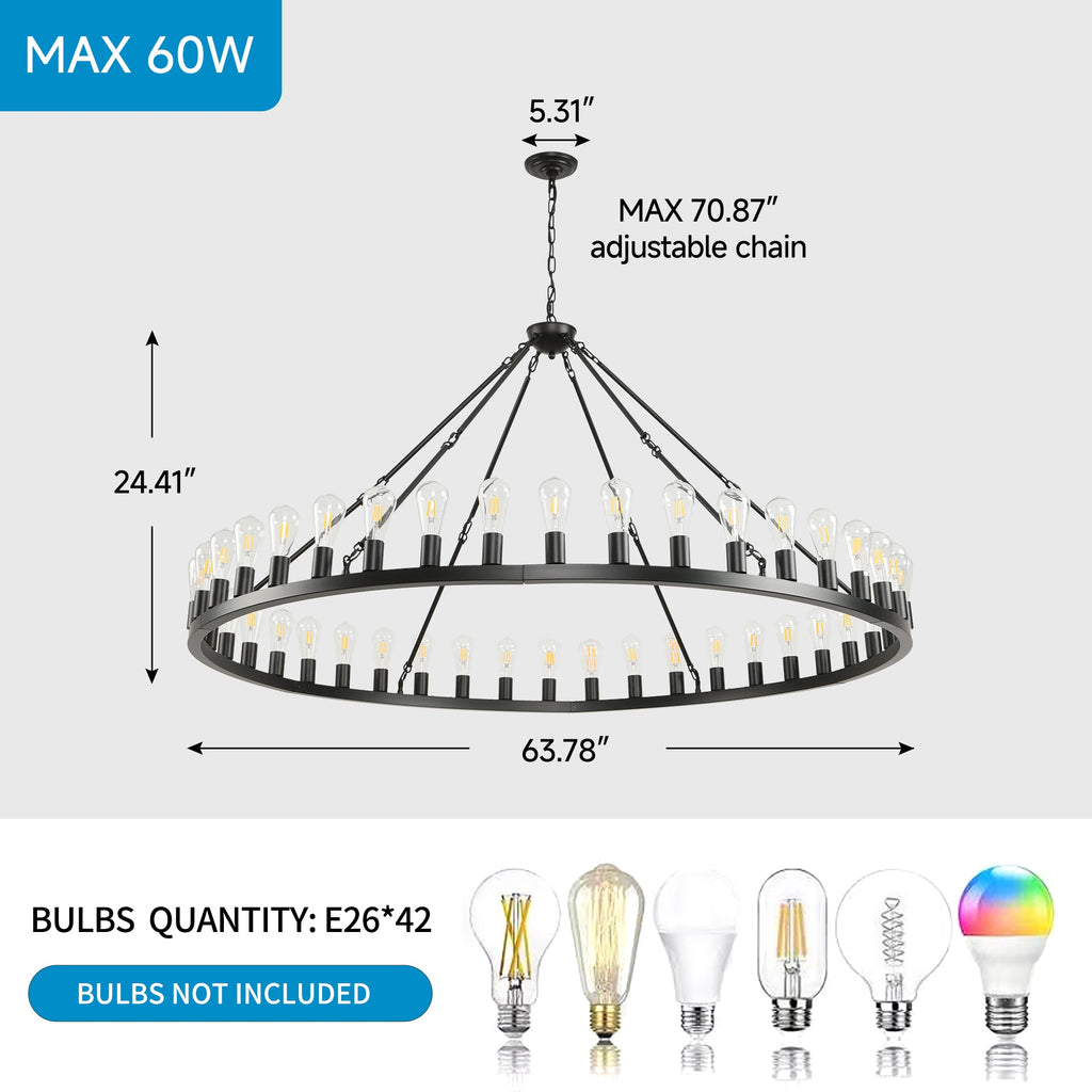 Jandcase 64in. Black Extra Large Wagon Wheel Chandelier 42-Light E26 Farmhouse Industrial Pendant for High Ceiling Dining Room Living Room