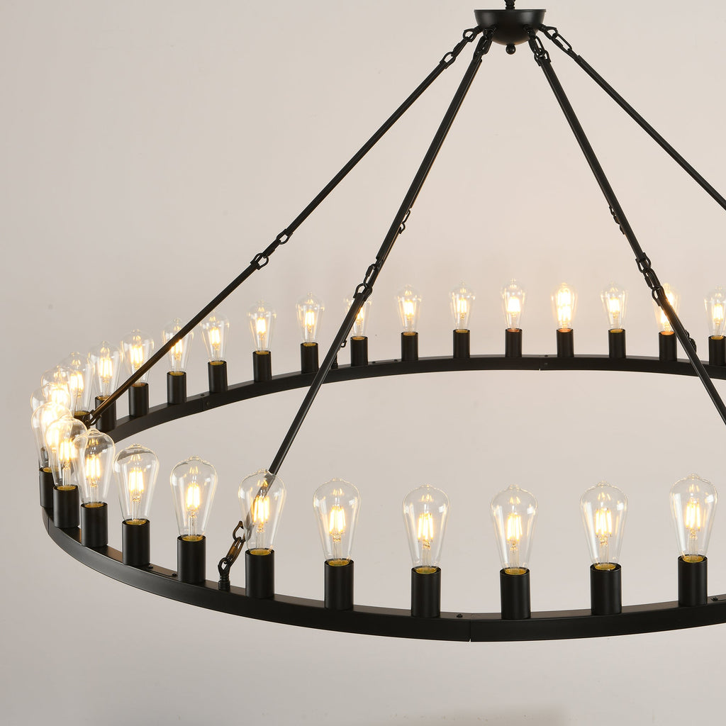 Jandcase 64in. Black Extra Large Wagon Wheel Chandelier 42-Light E26 Farmhouse Industrial Pendant for High Ceiling Dining Room Living Room