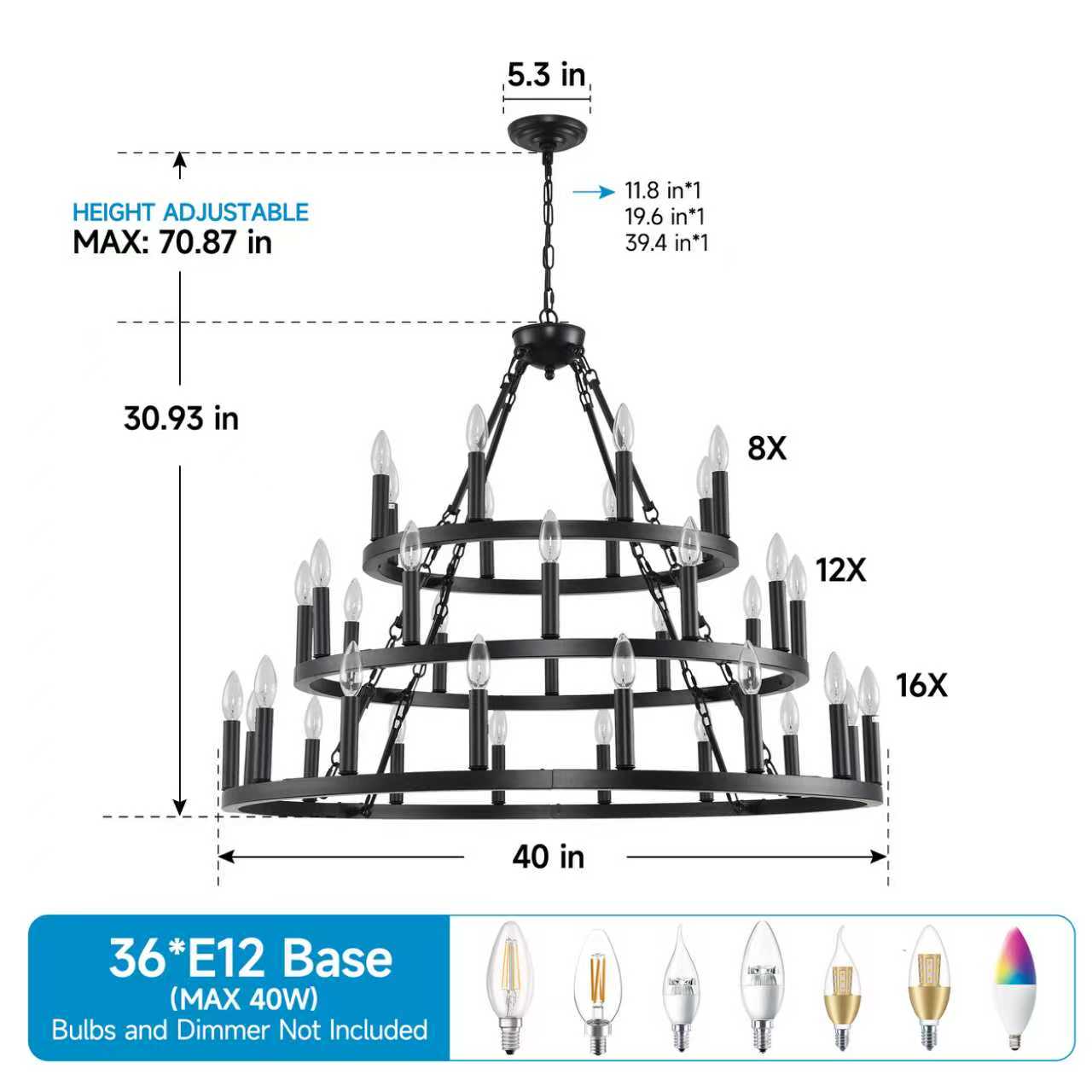 Jandcase 39.37in. 3-Tier Wagon Wheel Chandelier 36-Light E12 Farmhouse Industrial Light Adjustable Height for High Ceiling Living Dining Room Foyer