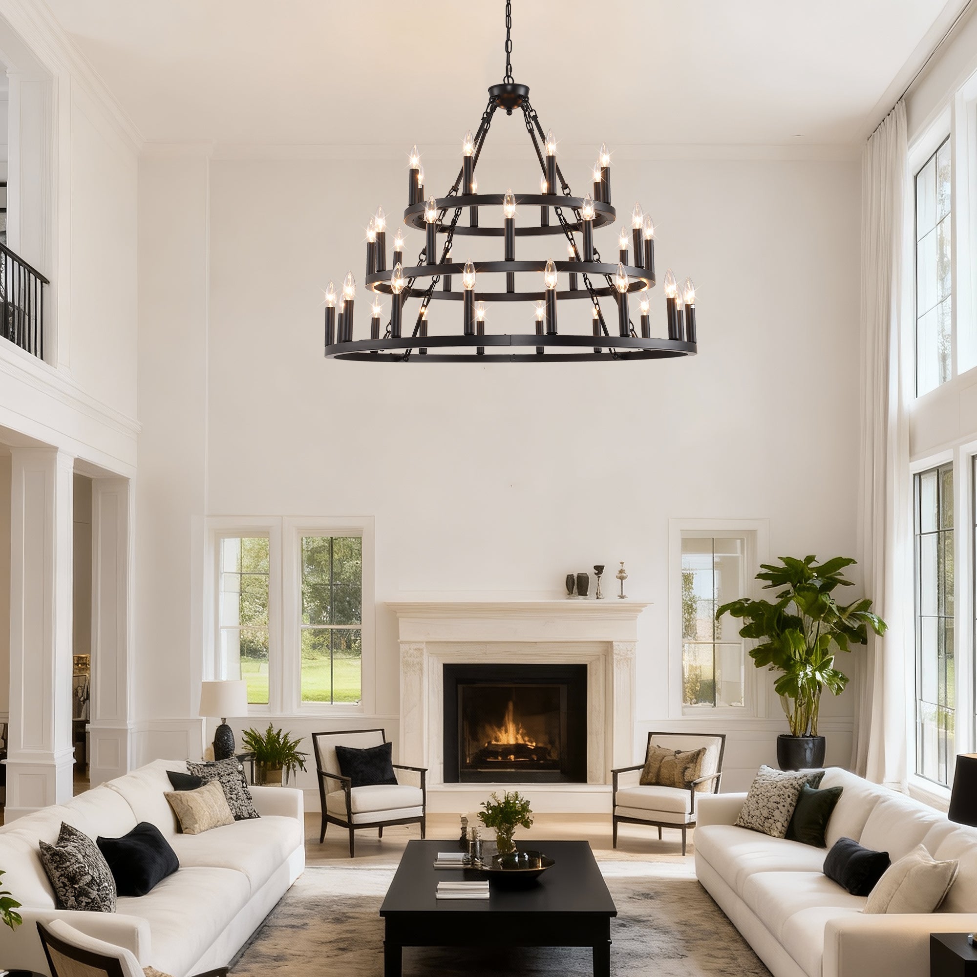 Jandcase 39.37in. 3-Tier Wagon Wheel Chandelier 36-Light E12 Farmhouse Industrial Light Adjustable Height for High Ceiling Living Dining Room Foyer