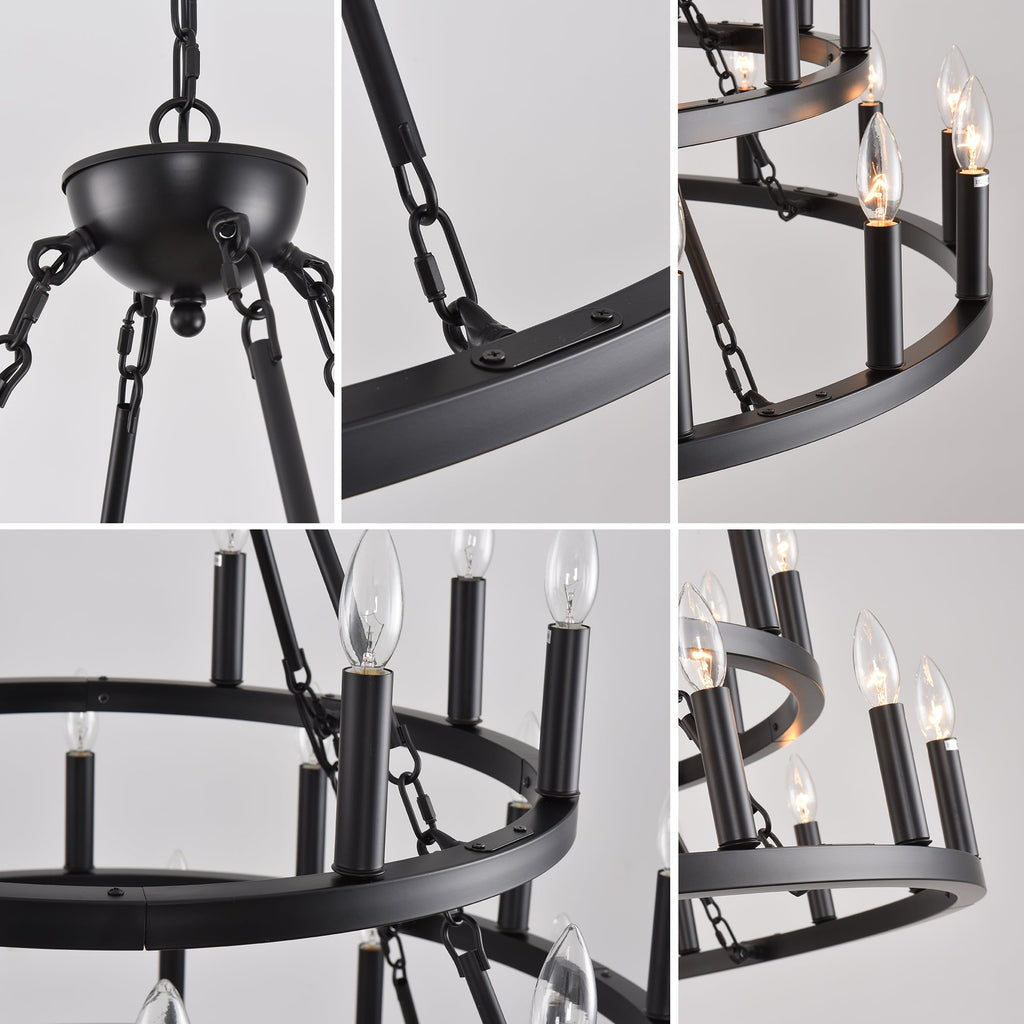 Jandcase 39.37in. 3-Tier Wagon Wheel Chandelier 36-Light E12 Farmhouse Industrial Light Adjustable Height for High Ceiling Living Dining Room Foyer
