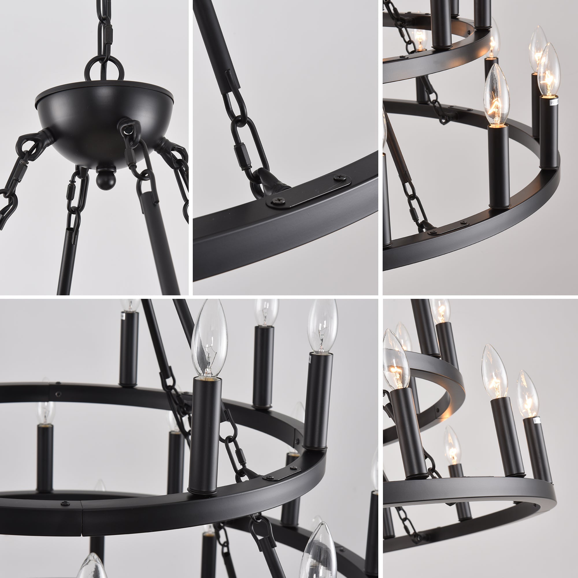 Jandcase 39.37in. 3-Tier Wagon Wheel Chandelier 36-Light E12 Farmhouse Industrial Light Adjustable Height for High Ceiling Living Dining Room Foyer