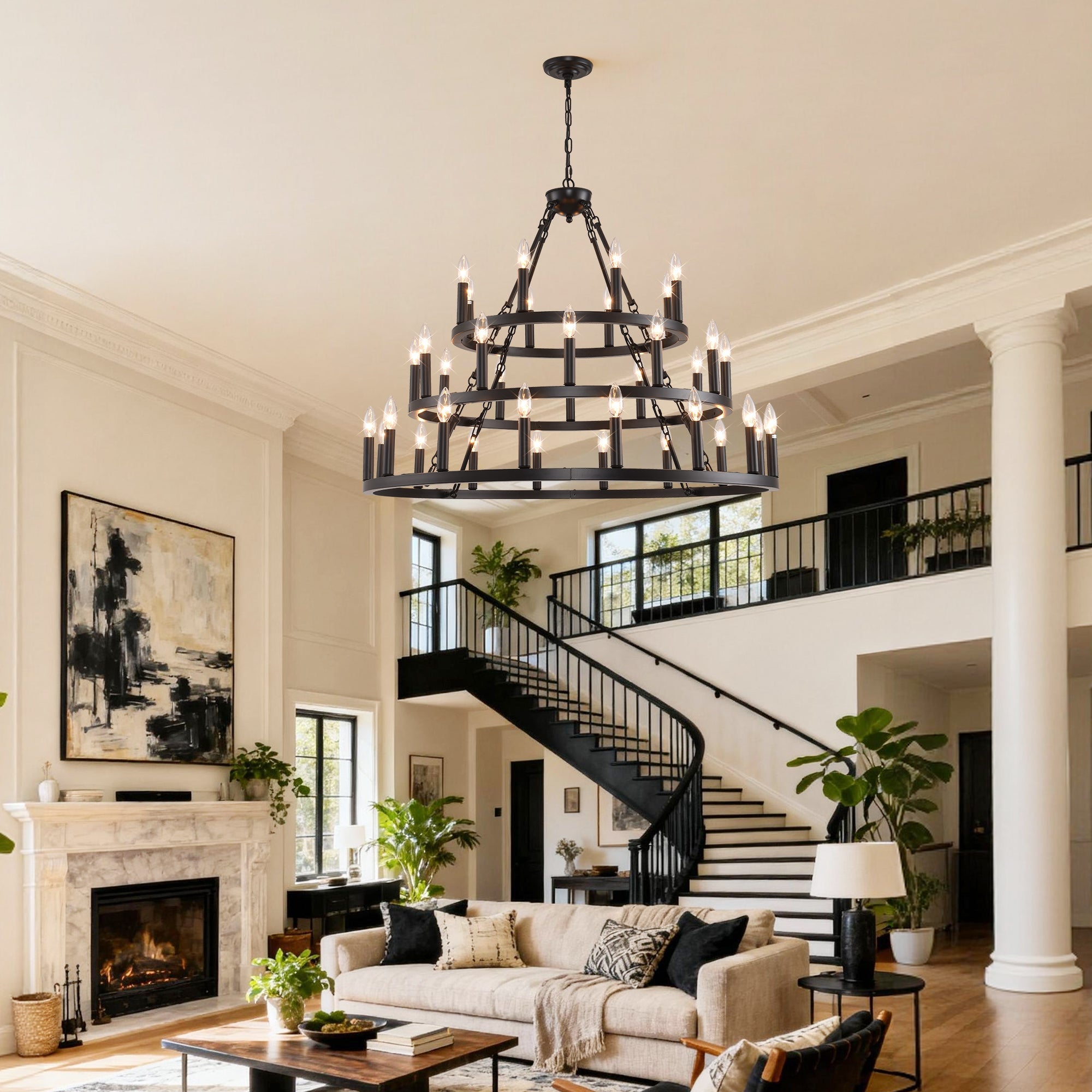 Jandcase 39.37in. 3-Tier Wagon Wheel Chandelier 36-Light E12 Farmhouse Industrial Light Adjustable Height for High Ceiling Living Dining Room Foyer