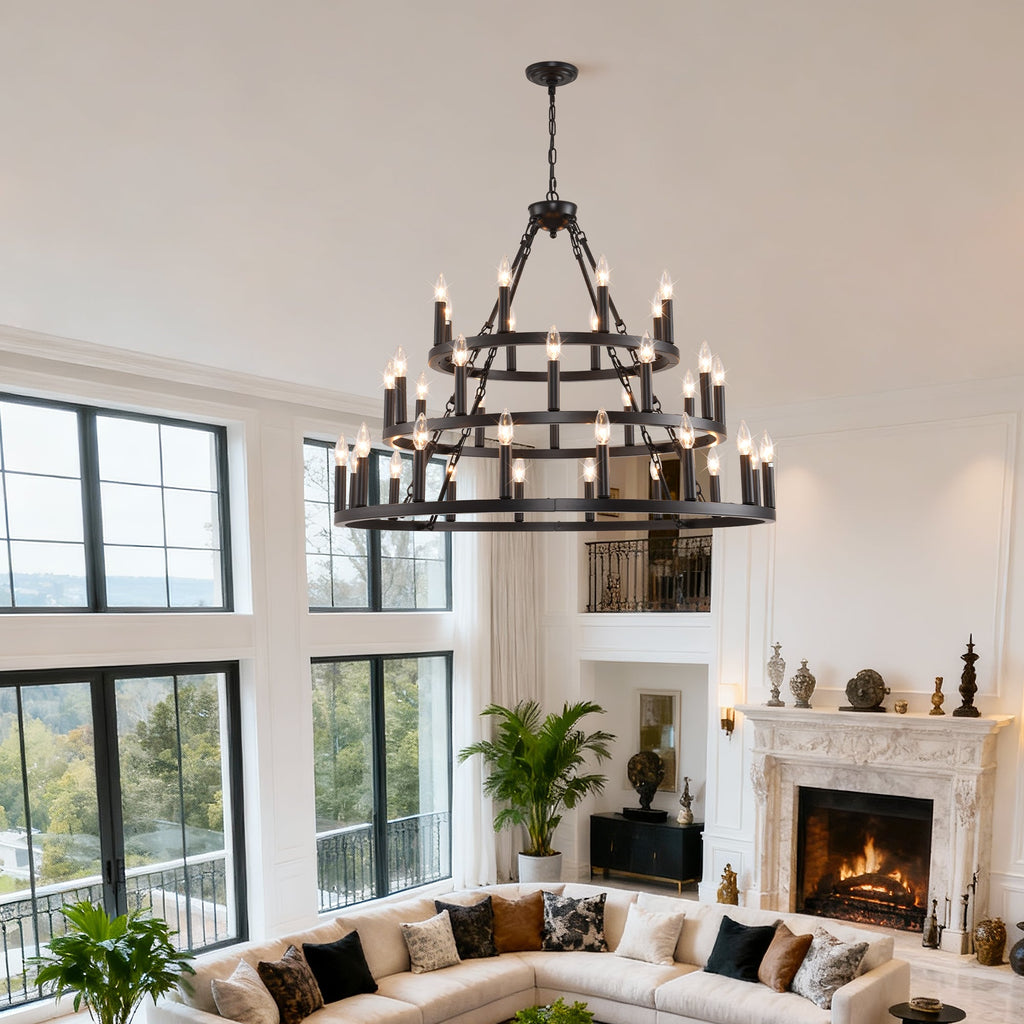 Jandcase 39.37in. 3-Tier Wagon Wheel Chandelier 36-Light E12 Farmhouse Industrial Light Adjustable Height for High Ceiling Living Dining Room Foyer