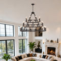 Jandcase 39.37in. 3-Tier Wagon Wheel Chandelier 36-Light E12 Farmhouse Industrial Light Adjustable Height for High Ceiling Living Dining Room Foyer