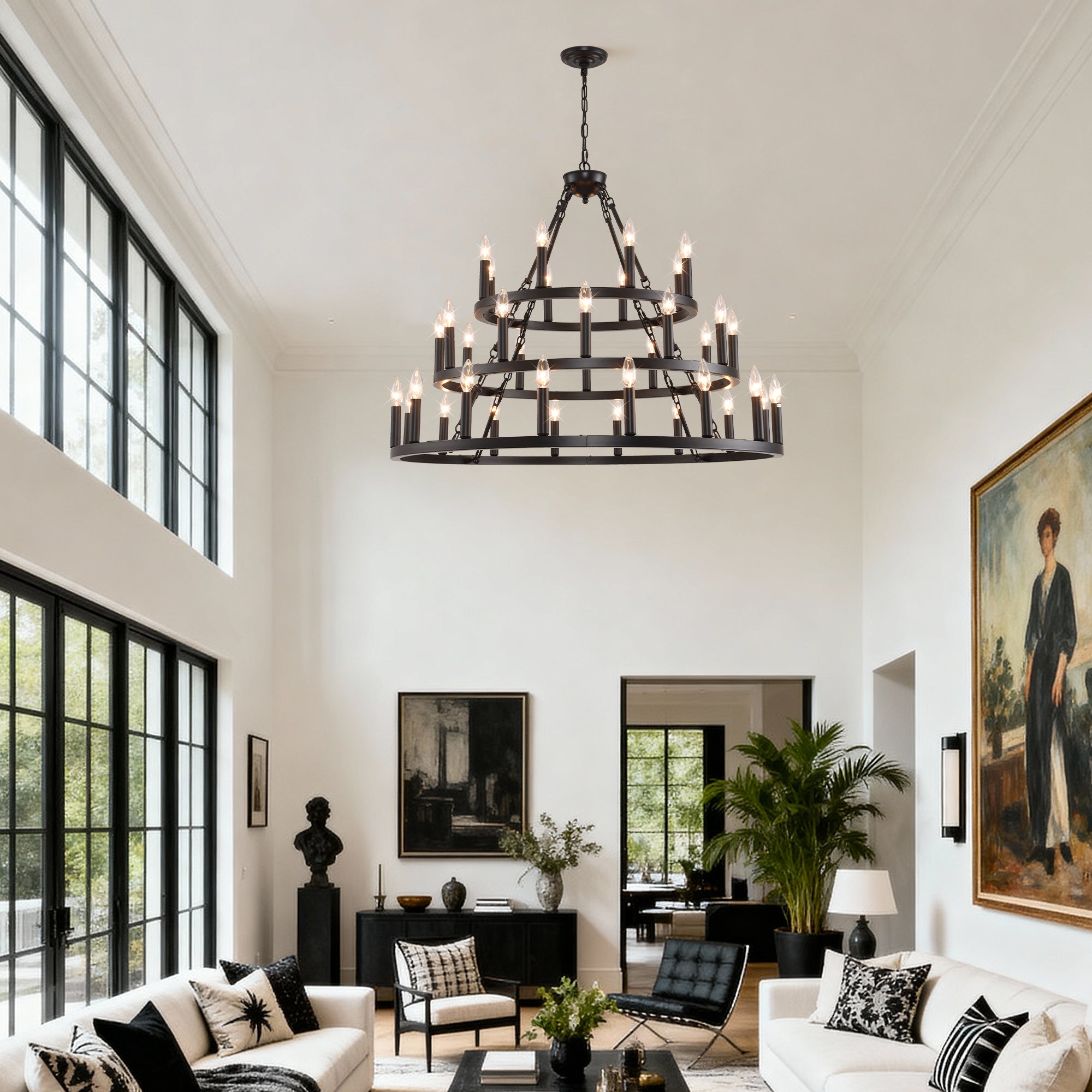 Jandcase 39.37in. 3-Tier Wagon Wheel Chandelier 36-Light E12 Farmhouse Industrial Light Adjustable Height for High Ceiling Living Dining Room Foyer