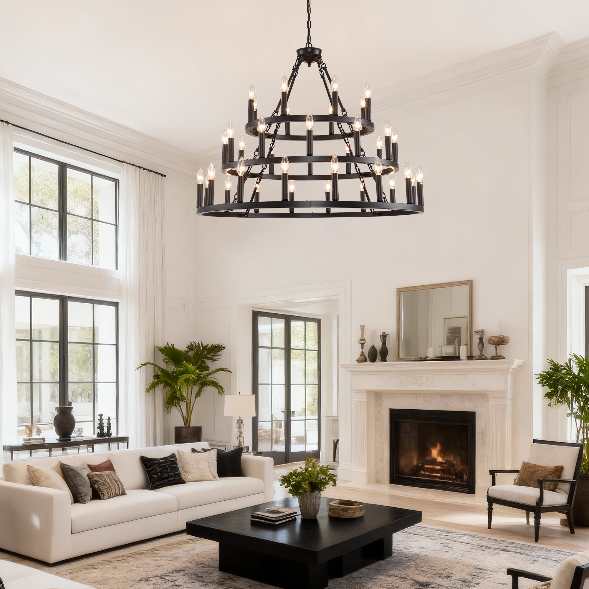 Jandcase 39.37in. 3-Tier Wagon Wheel Chandelier 36-Light E12 Farmhouse Industrial Light Adjustable Height for High Ceiling Living Dining Room Foyer