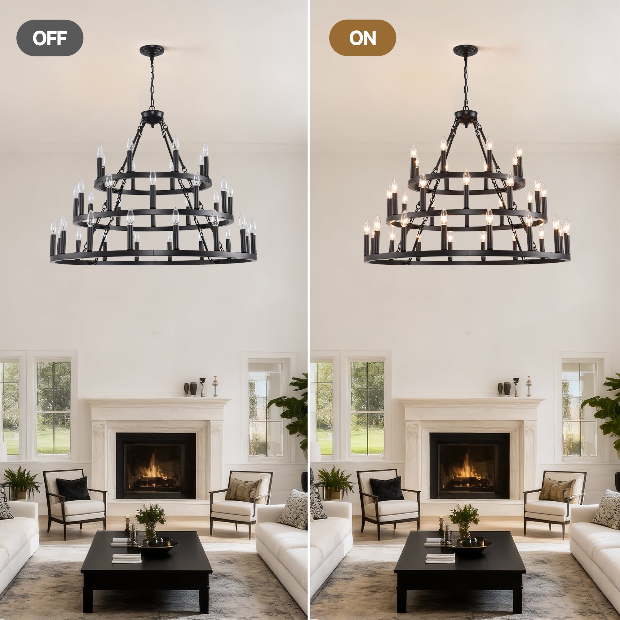Jandcase 39.37in. 3-Tier Wagon Wheel Chandelier 36-Light E12 Farmhouse Industrial Light Adjustable Height for High Ceiling Living Dining Room Foyer