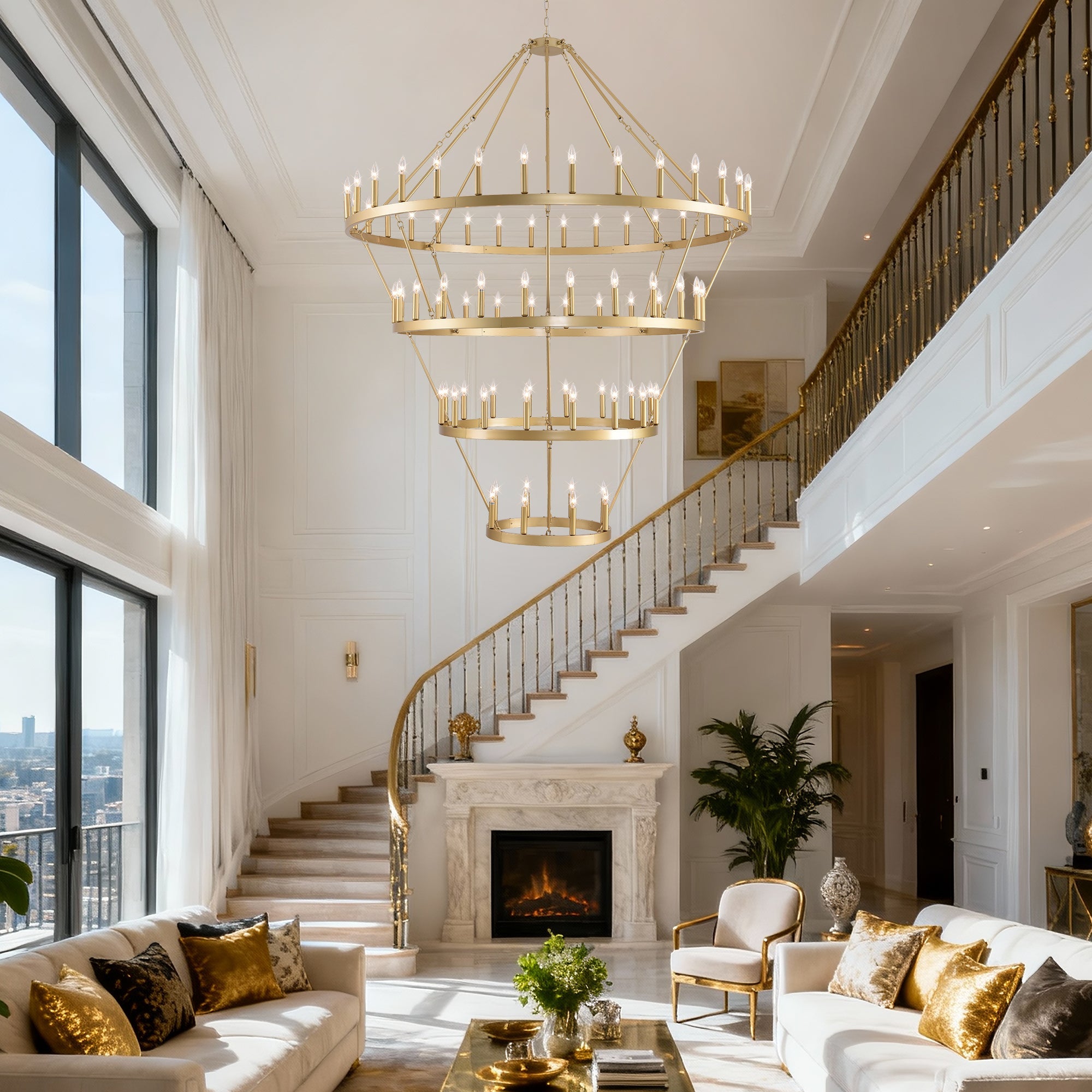 Jandcase Large 70.87" Farmhouse Wagon Wheel Chandelier, 60 Lights, Gold Finish, Adjustable Height, E12 Bulbs, Ideal for Dining Rooms & Living Spaces
