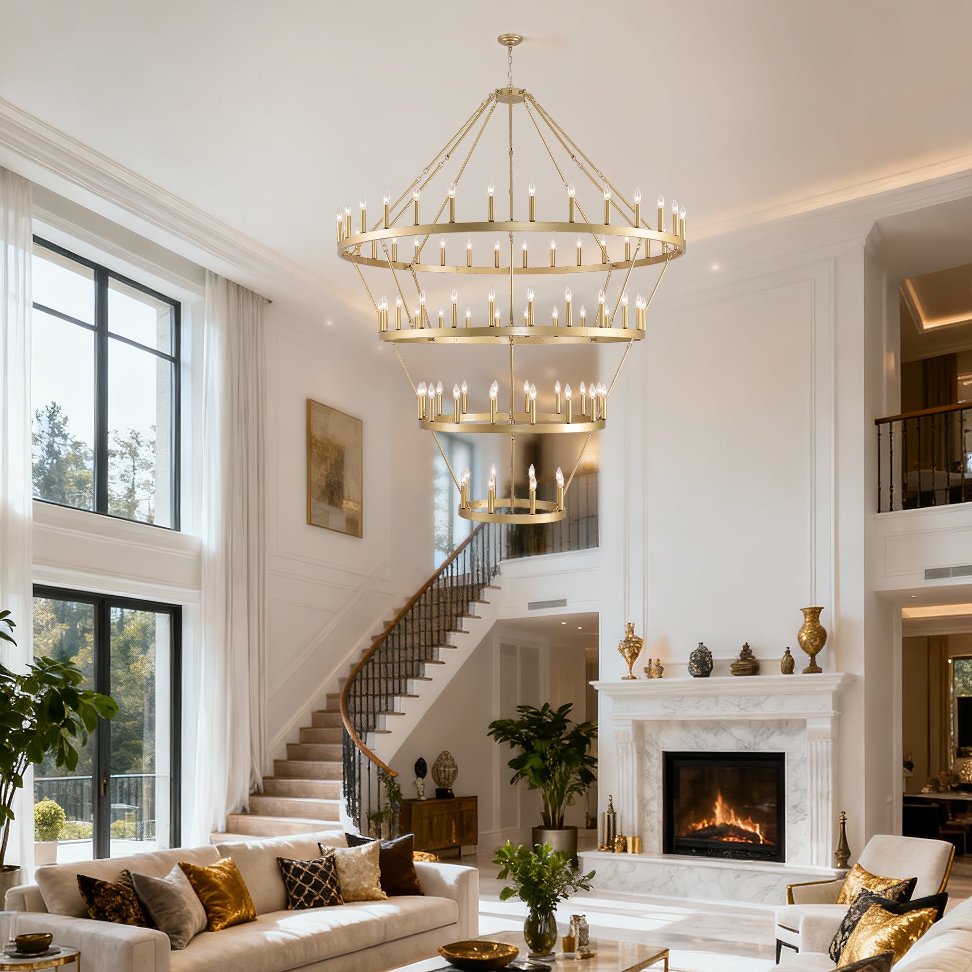 Jandcase Large 70.87" Farmhouse Wagon Wheel Chandelier, 60 Lights, Gold Finish, Adjustable Height, E12 Bulbs, Ideal for Dining Rooms & Living Spaces
