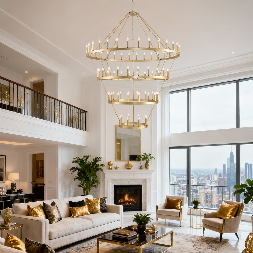Jandcase Large 70.87" Farmhouse Wagon Wheel Chandelier, 60 Lights, Gold Finish, Adjustable Height, E12 Bulbs, Ideal for Dining Rooms & Living Spaces