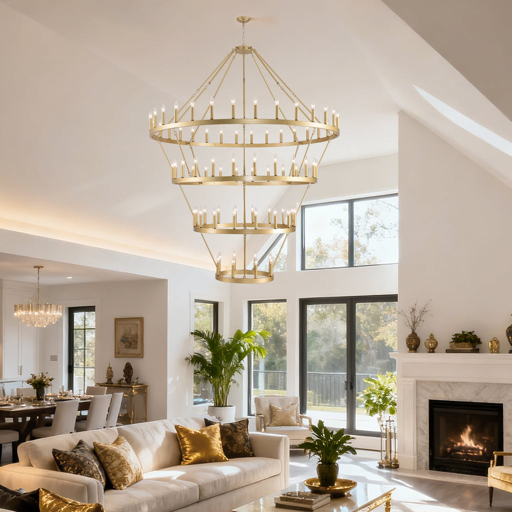 Jandcase Large 70.87" Farmhouse Wagon Wheel Chandelier, 60 Lights, Gold Finish, Adjustable Height, E12 Bulbs, Ideal for Dining Rooms & Living Spaces