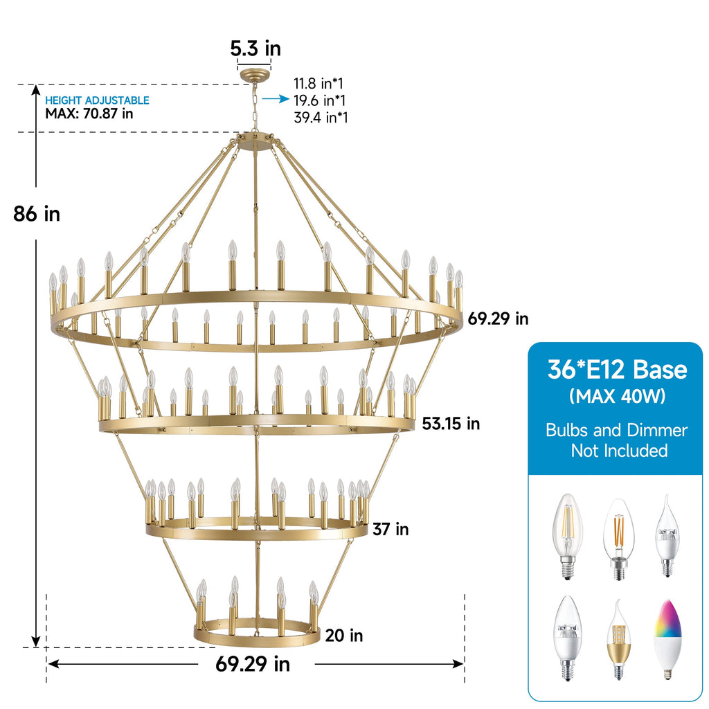 Jandcase Large 70.87" Farmhouse Wagon Wheel Chandelier, 60 Lights, Gold Finish, Adjustable Height, E12 Bulbs, Ideal for Dining Rooms & Living Spaces