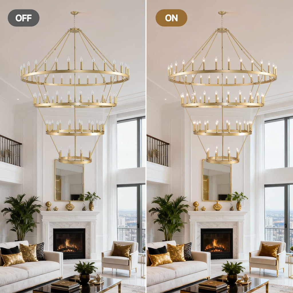Jandcase Large 70.87" Farmhouse Wagon Wheel Chandelier, 60 Lights, Gold Finish, Adjustable Height, E12 Bulbs, Ideal for Dining Rooms & Living Spaces