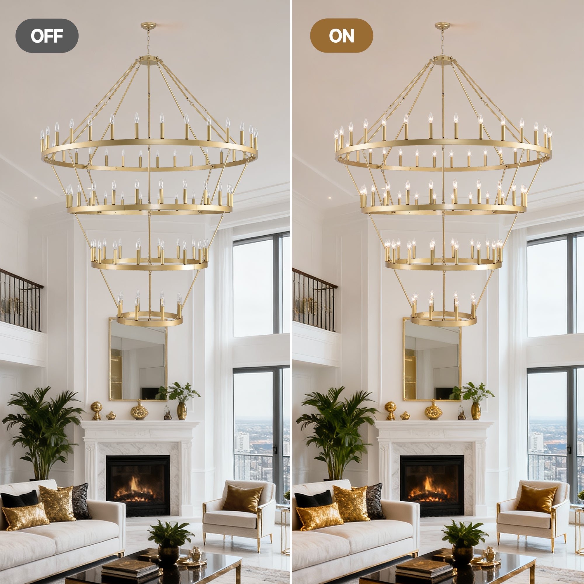 Jandcase Large 70.87" Farmhouse Wagon Wheel Chandelier, 60 Lights, Gold Finish, Adjustable Height, E12 Bulbs, Ideal for Dining Rooms & Living Spaces