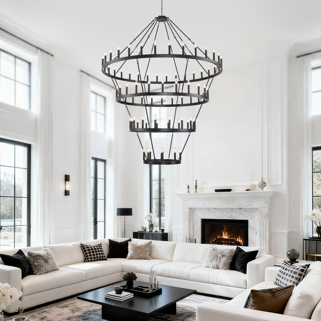 Jandcase 70.87in. 4-Tier Black Wagon Wheel Chandelier 60-Light E12 Farmhouse Industrial 4-Story Light for High Ceiling Living Dining Room Foyer