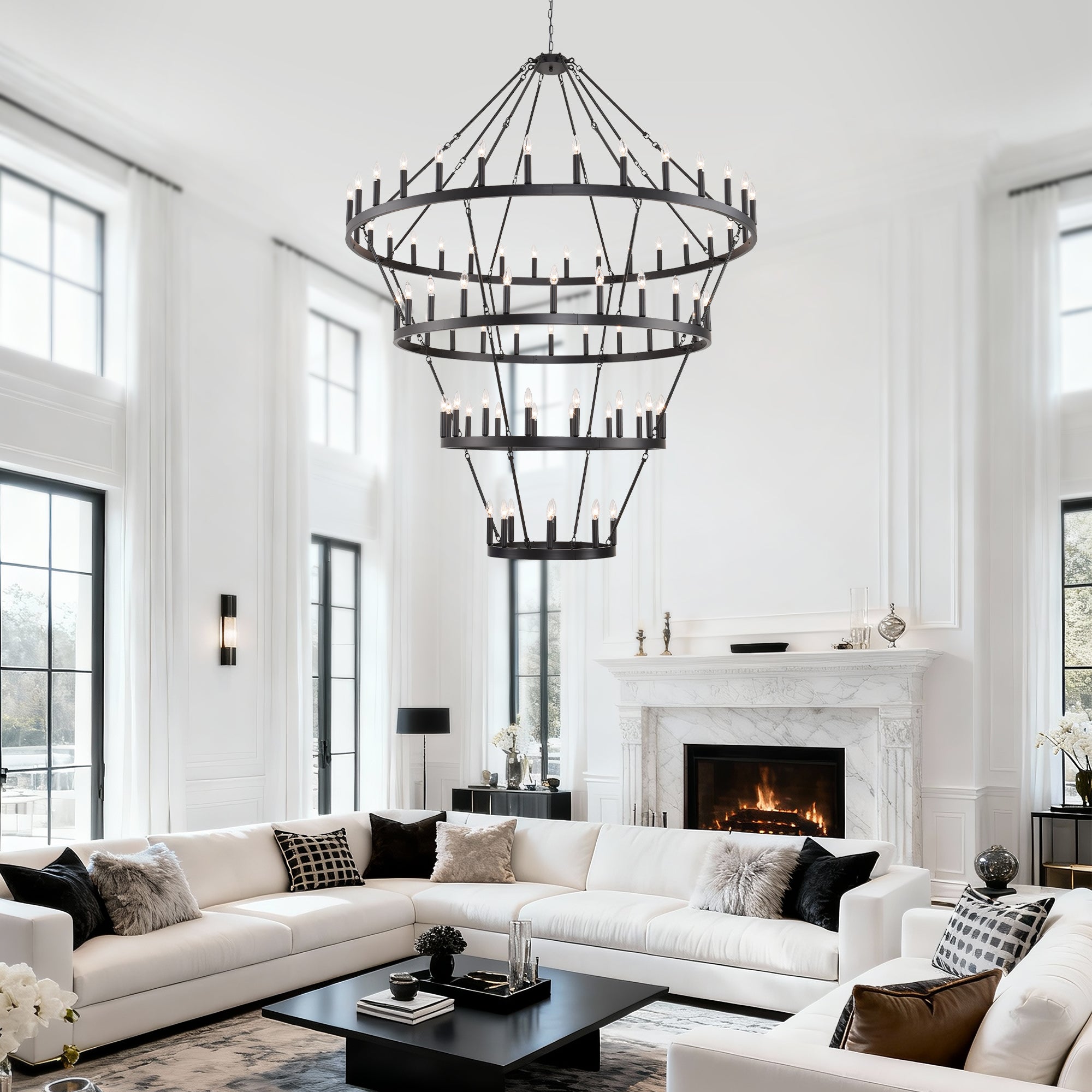 Jandcase 70.87in. 4-Tier Black Wagon Wheel Chandelier 60-Light E12 Farmhouse Industrial 4-Story Light for High Ceiling Living Dining Room Foyer