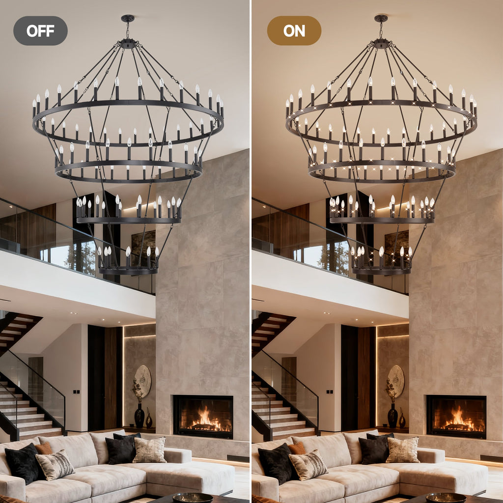 Jandcase 70.87in. 4-Tier Black Wagon Wheel Chandelier 60-Light E12 Farmhouse Industrial 4-Story Light for High Ceiling Living Dining Room Foyer